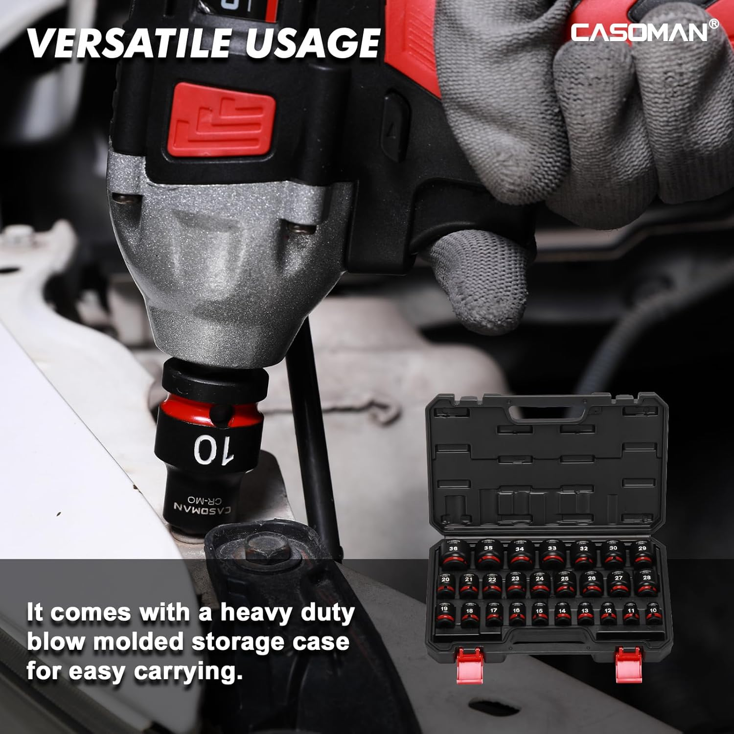 CASOMAN 26-Piece 1/2" Drive Standard Impact Socket Set, 12-Point, Metric, 10Mm - 36Mm, CR-MO Steel, with Storage Case image number 1