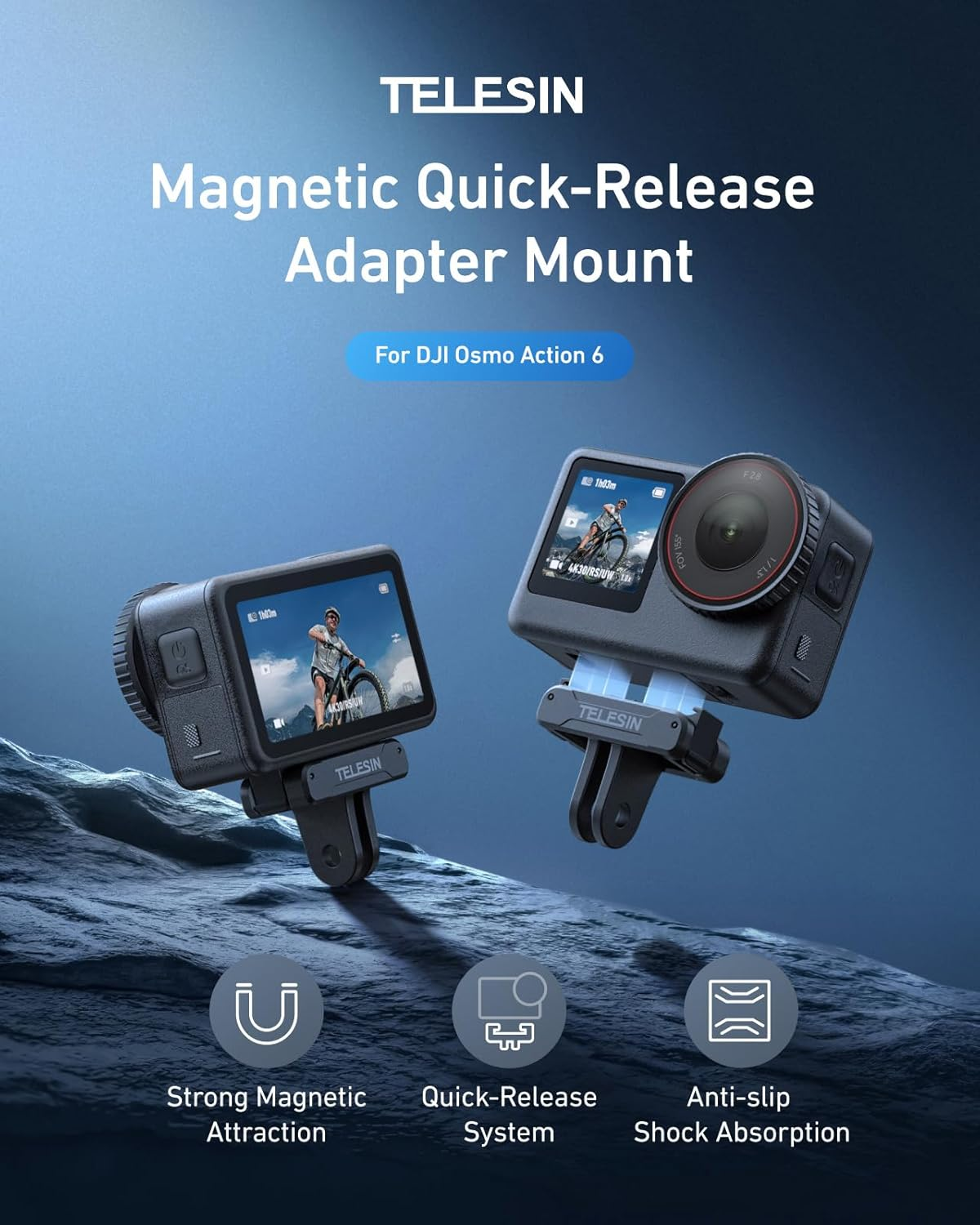 TELESIN Magnetic Quick Release Adapter Mount for DJI Osmo Action 6, Adapter Base for DJI Osmo Action 6 Accessories, Hypermagnetic Force&Metal Latches, Shock-Absorbing Silicone Pad image number 4