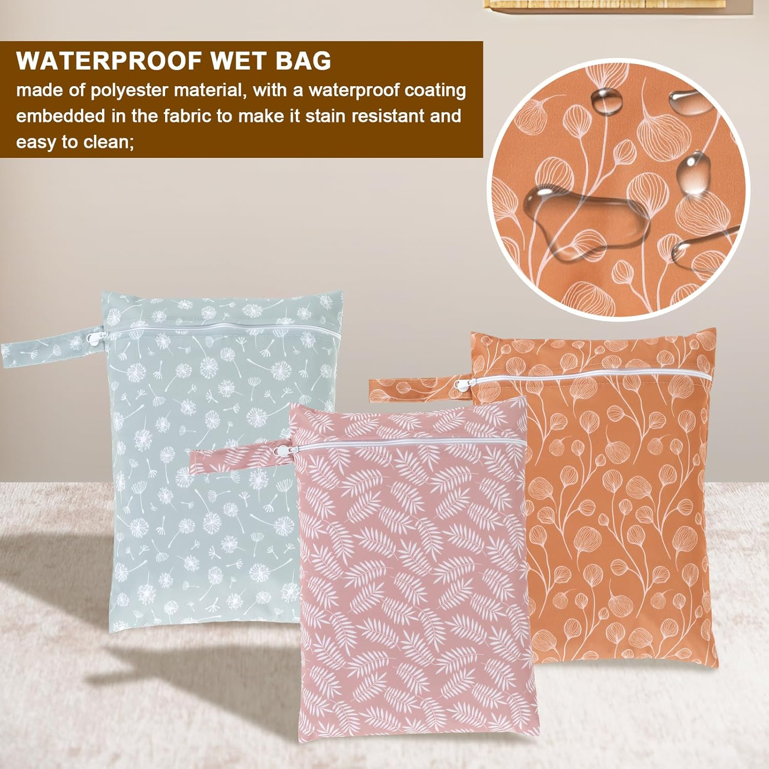 3Pcs Waterproof Wet Bag, Wet Bag Storage Bag Washable Travel Bags with Zipper Closure, Reusable Baby Diaper Bag Organizing Pouches Wet Bag for Swimsuit, Towels, Wet Clothes, Beach, 14" X 11", Style 2, image number 2