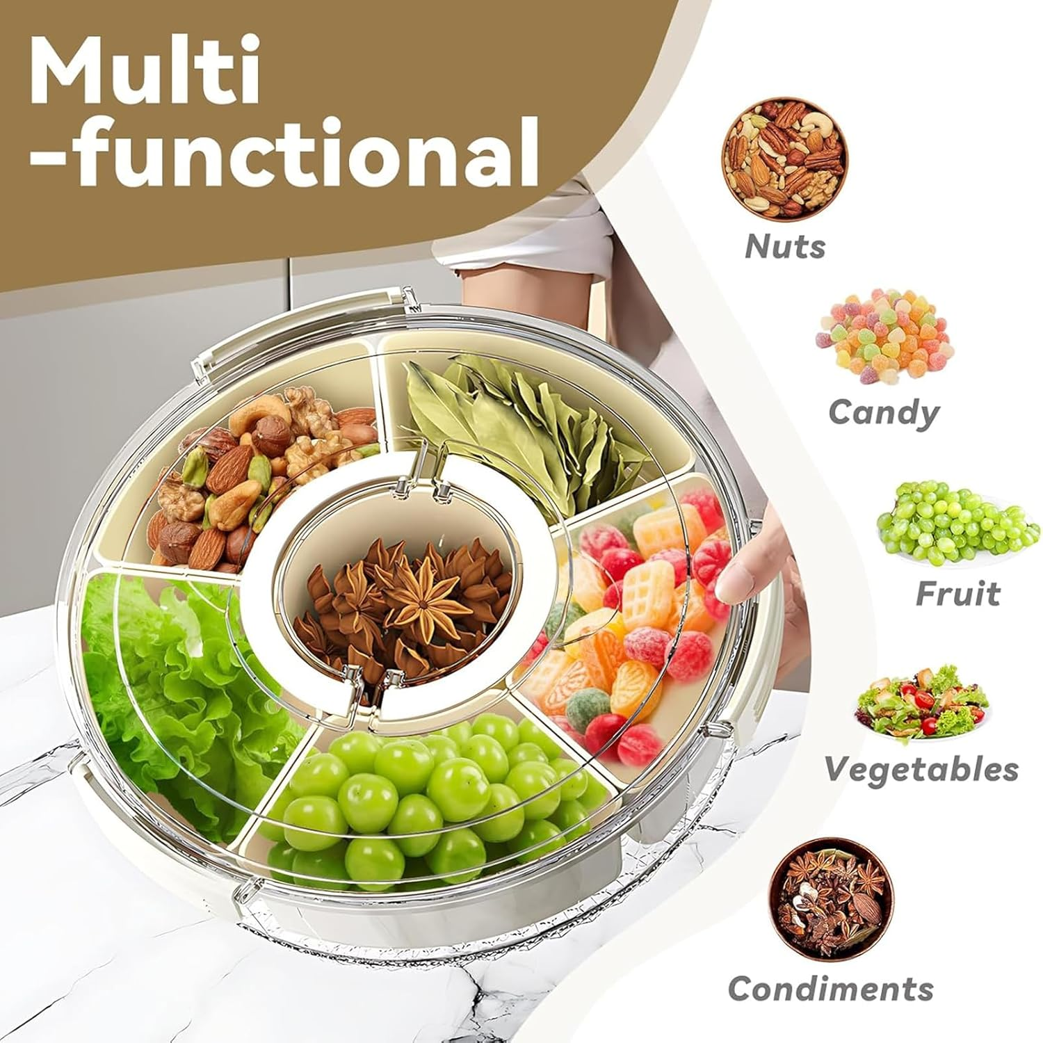 DAWNTREES Snackle Box,Divided Rotating Serving Tray with Lid and Handle - Charcuterie Container for Portable Snack Platters - Clear Organizer for Candy, Snacks (1) image number 4