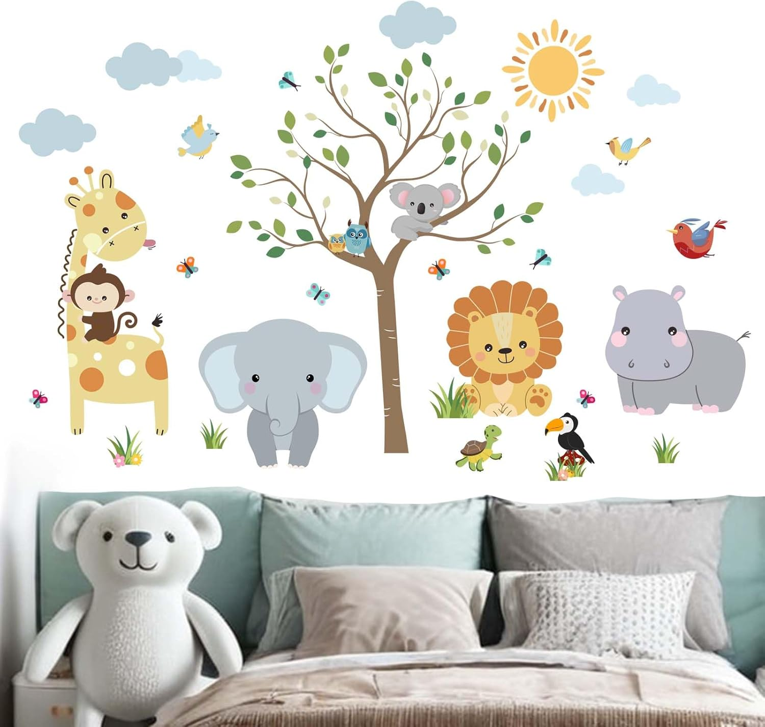Amimagen Jungle Baby Animals Wall Decals - Elephant Lion Giraffe Hippo Koala Wall Stickers - Nursery Kids Girls Boys Room Daycare Playroom Classroom Wall Decor image number 1