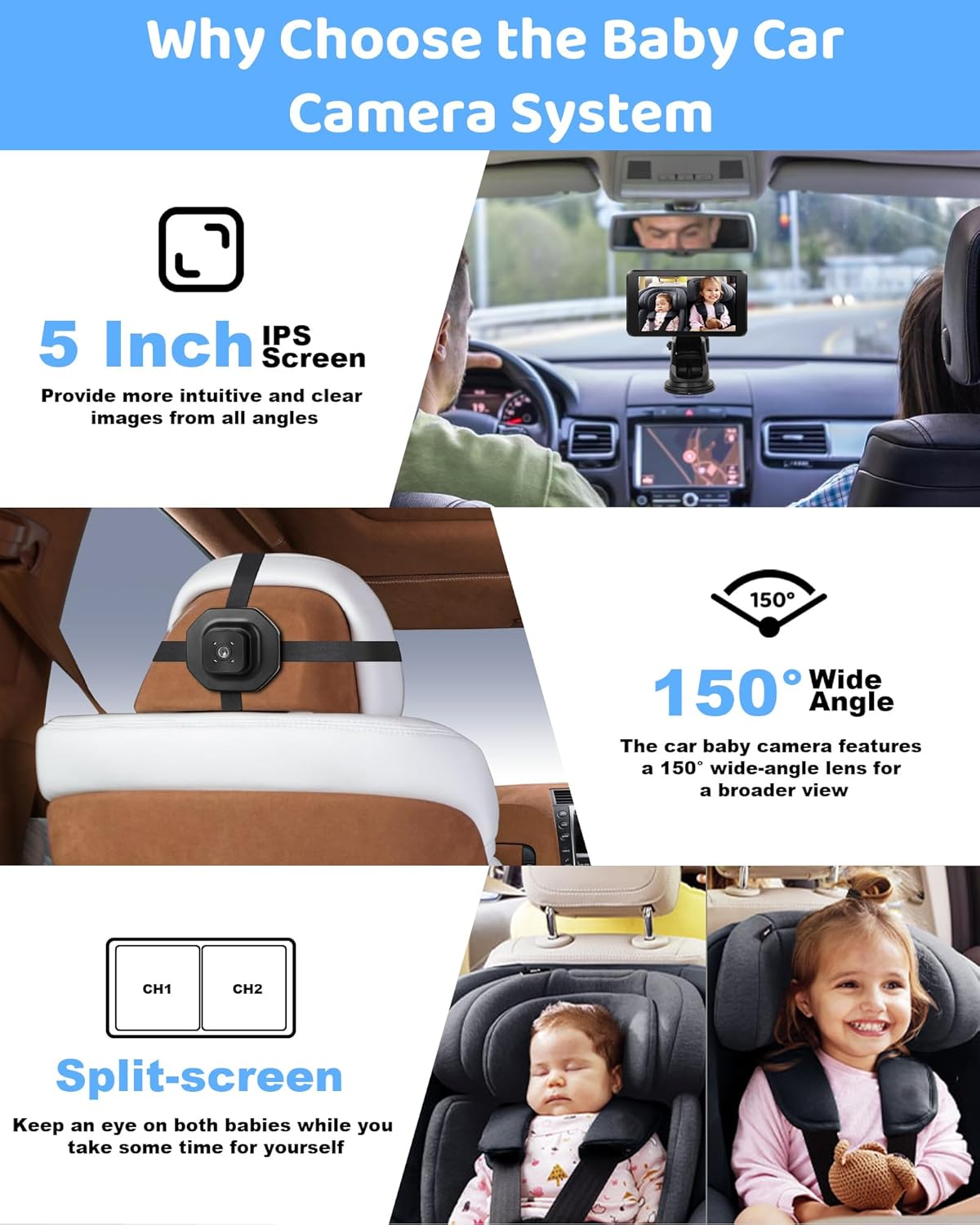 Baby Car Camera, Dual Channel Car Camera Baby with 2 IR Night Vision Camera, 5" AHD 1080P Safety Baby Car Monitor Easy to Install Car Mirror Camera for Rear Facing Seat Backseat image number 3