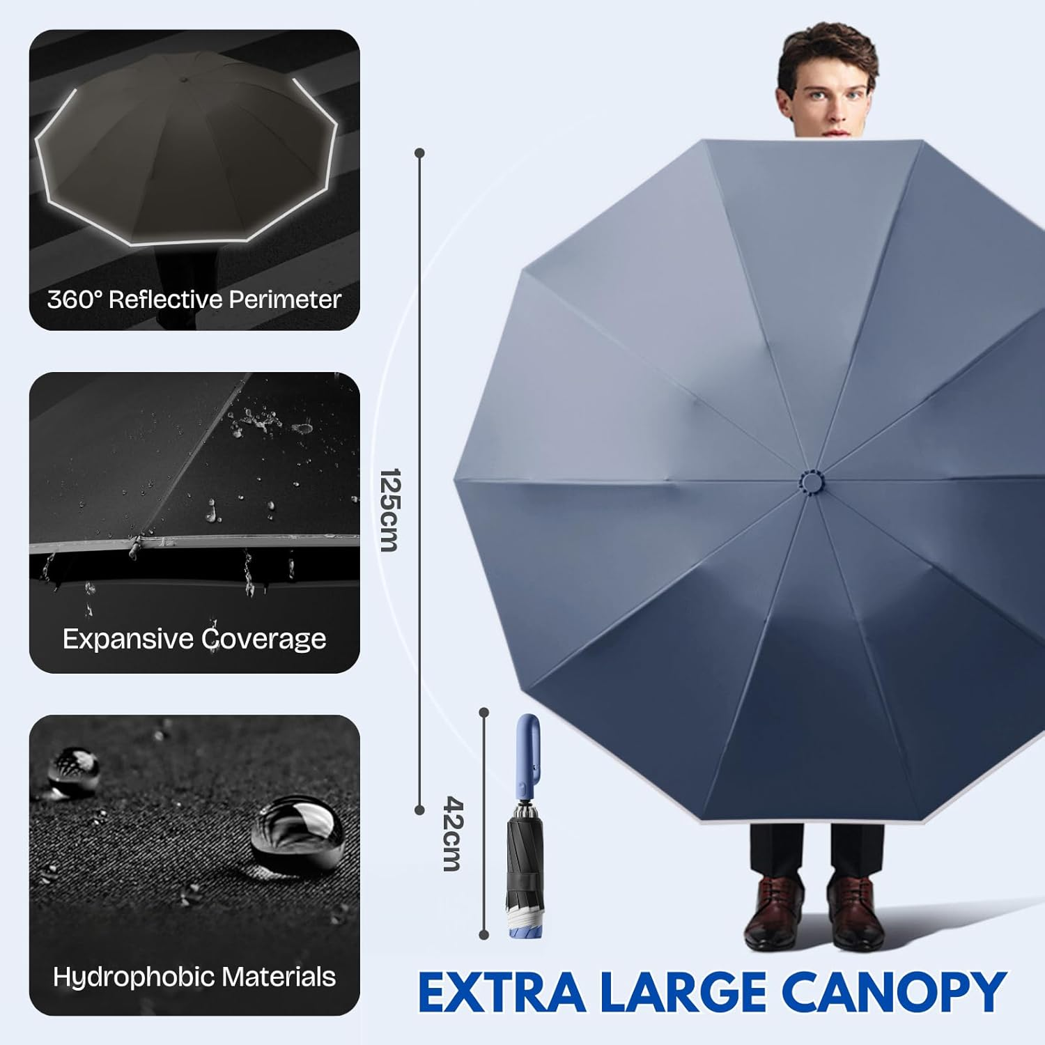 Automatic Extra Large Compact Umbrella with 10-Rib for Sun/Rain, Travel Windproof Folding Parasol with Hooking Handle, Inverted Dry Close and Safety Reflective Strips