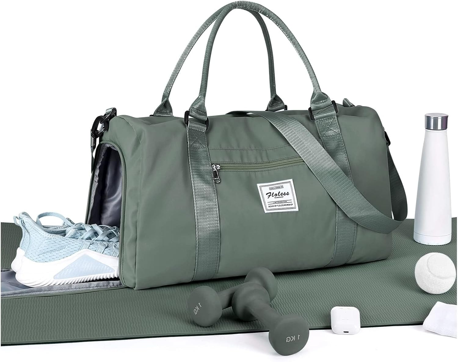 Gym Bag, with Shoes Compartment and Wet Pocket Travel, Waterproof, Duffel Bag, Gym Tote Bag, for Swimming, Yoga, Weekend Overnight Bag, Carry on Bag, Hospital Holdalls, for Womens Mens (Green) image number 3