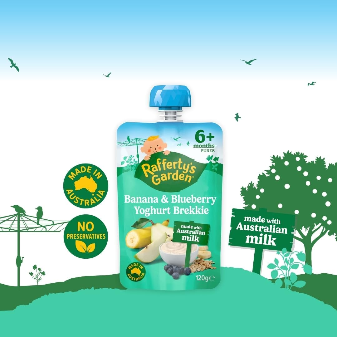 Rafferty'S Garden Blueberry, Banana and Pear Yoghurt Brekkie Baby Food Pouch for Babies 6+Months 120G (Case of 6)