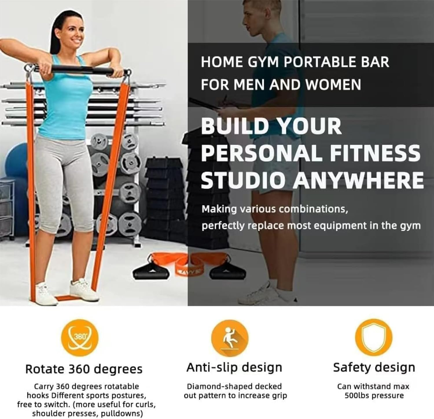 Tavvke Resistance Band Bar, Portable Pilates Bar for Home & Gym, Removable Fitness Exercise Puller Pull for Strength Training Aerobic Exercise, Core Muscle and Full-Body Training, Black, 3 Sections image number 6