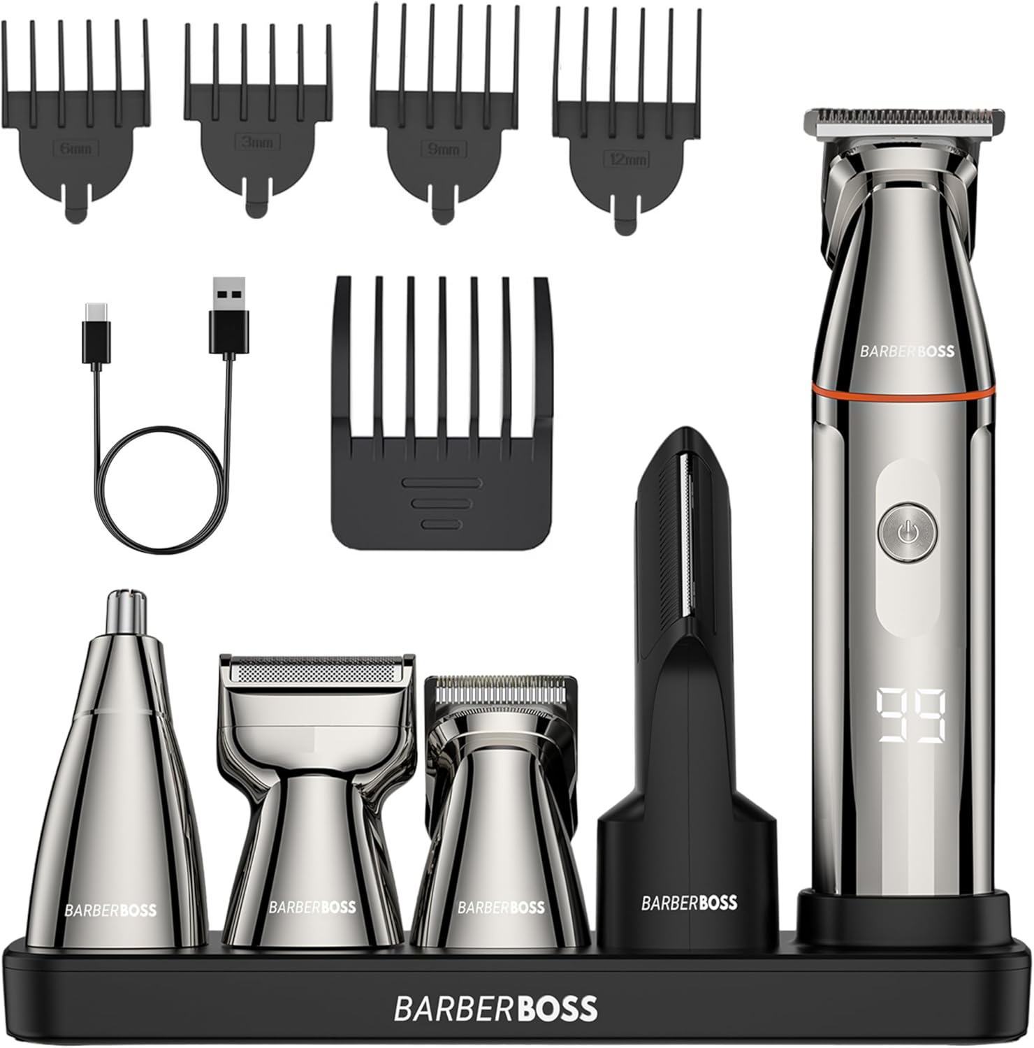 Barberboss 5-In-1 Men'S Beard Trimmer Grooming Kit for Men, Cordless Hair Clipper, Nose & Body Shaver with LED Display & USB-C Charge, Body Groomer image number 2