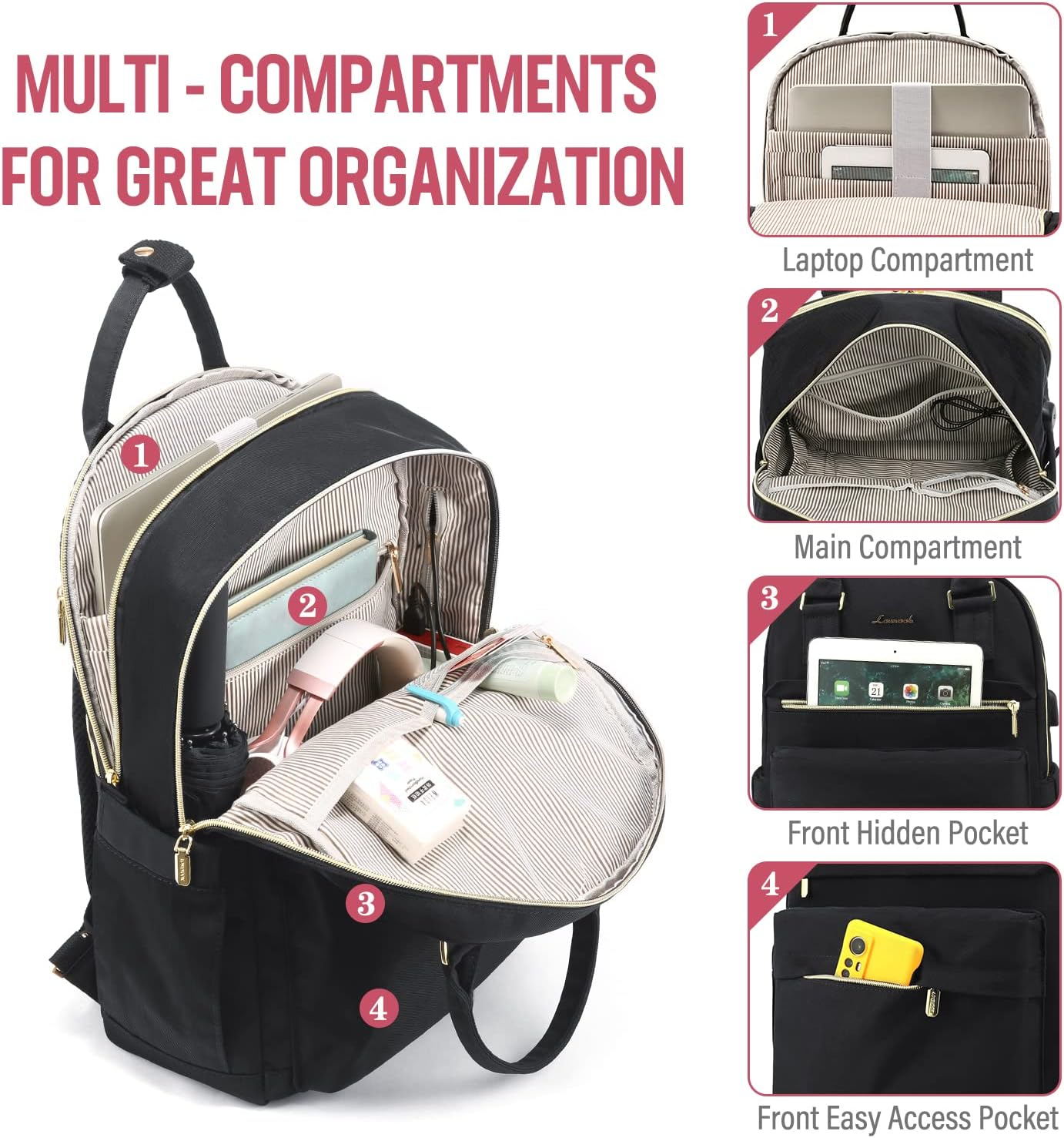 LOVEVOOK Laptop Backpack for Women 15.6 Inch Laptop Bag with USB Port, Fashion Waterproof Backpacks Teacher Nurse Stylish Travel Bags Vintage Daypacks Bookbag for College School Work - Black image number 1