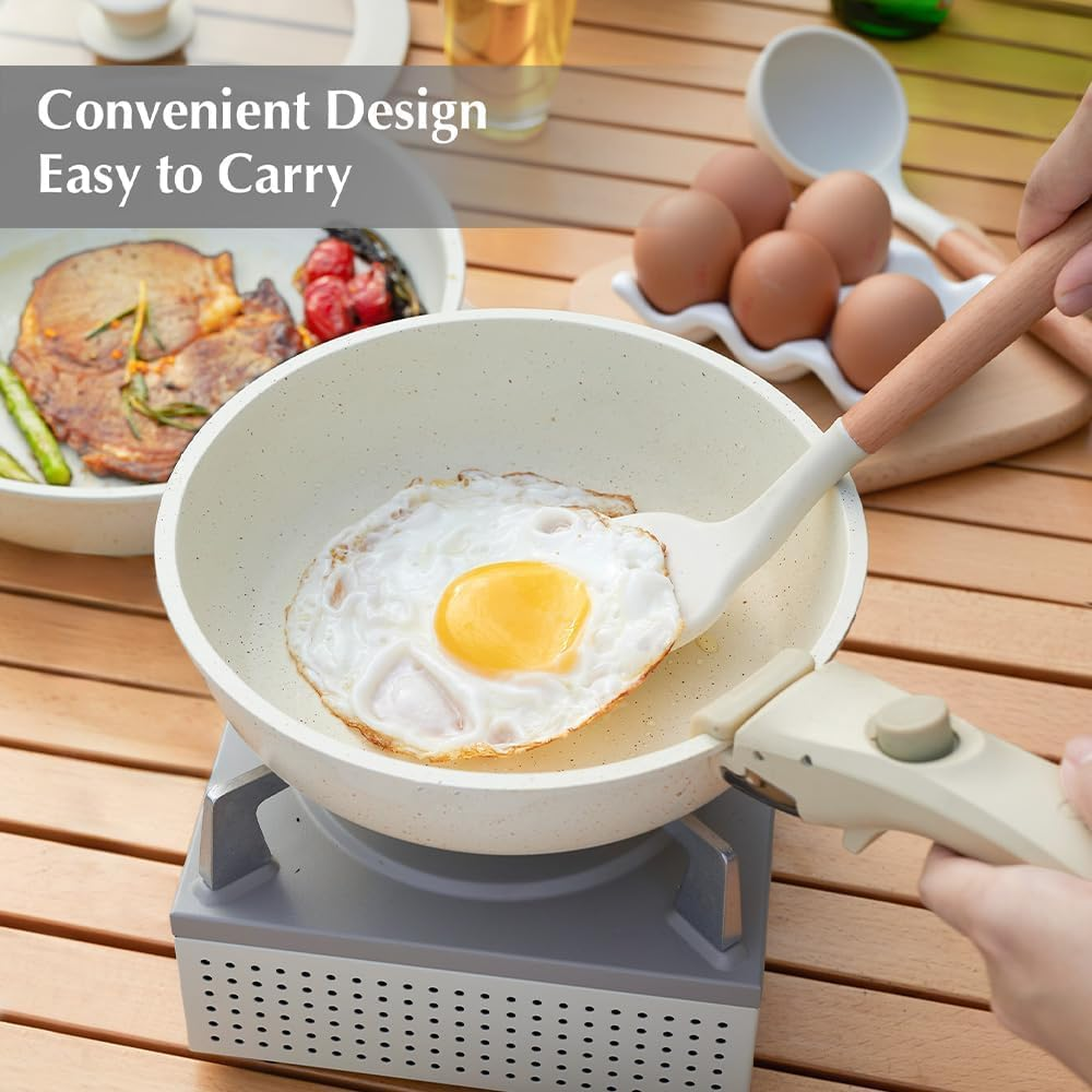 17 Pcs Pots and Pans Set Nonstick, Cookware Set Detachable Handl Kitchen Cooking Set with Utensil and Pan Protectors, PFOS and PFOA Free(White) image number 3