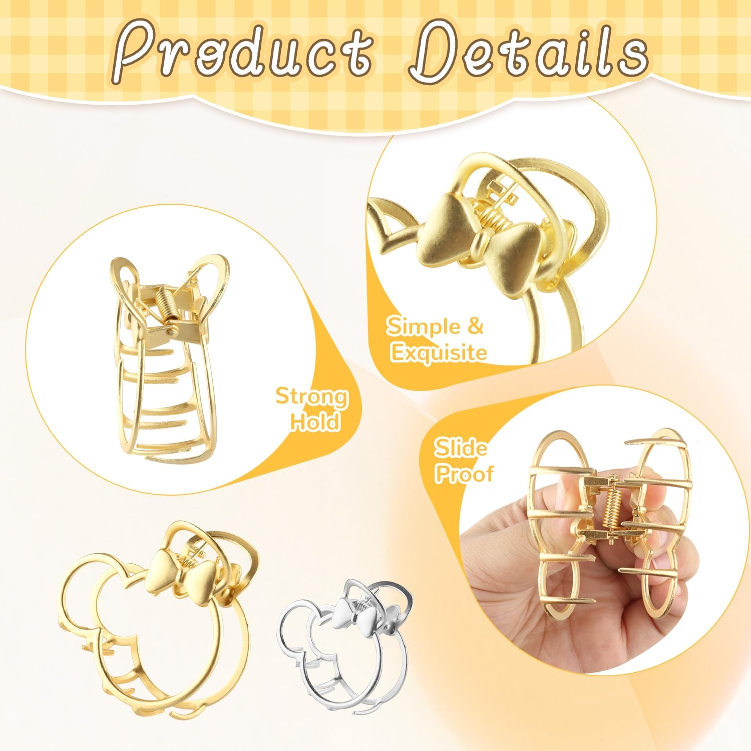 4 Pack Metal Hair Claw Clips Mouse Head Hair Clips Ears Hollow Out Hair Barrette Non-Slip Hair Catch Jaw Clamp Hair Styling Accessories for Women Girls (Large + Small) image number 1