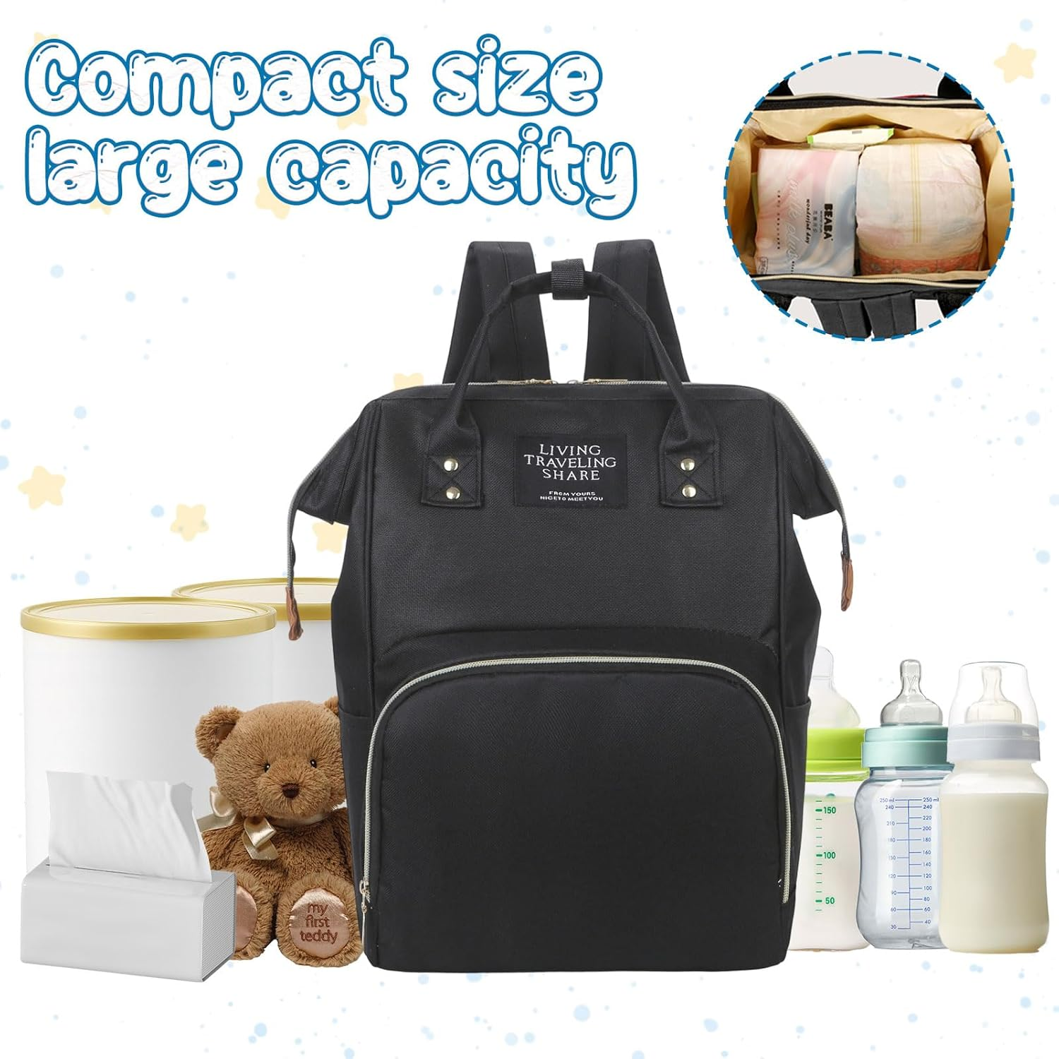 Fiohiros Nappy Bags for Baby - Waterproof Baby Bag for Mum with Insulated Pockets, Large Nappy Backpack & Stroller Straps, Hospital Bag Maternity Essentials - Black image number 6