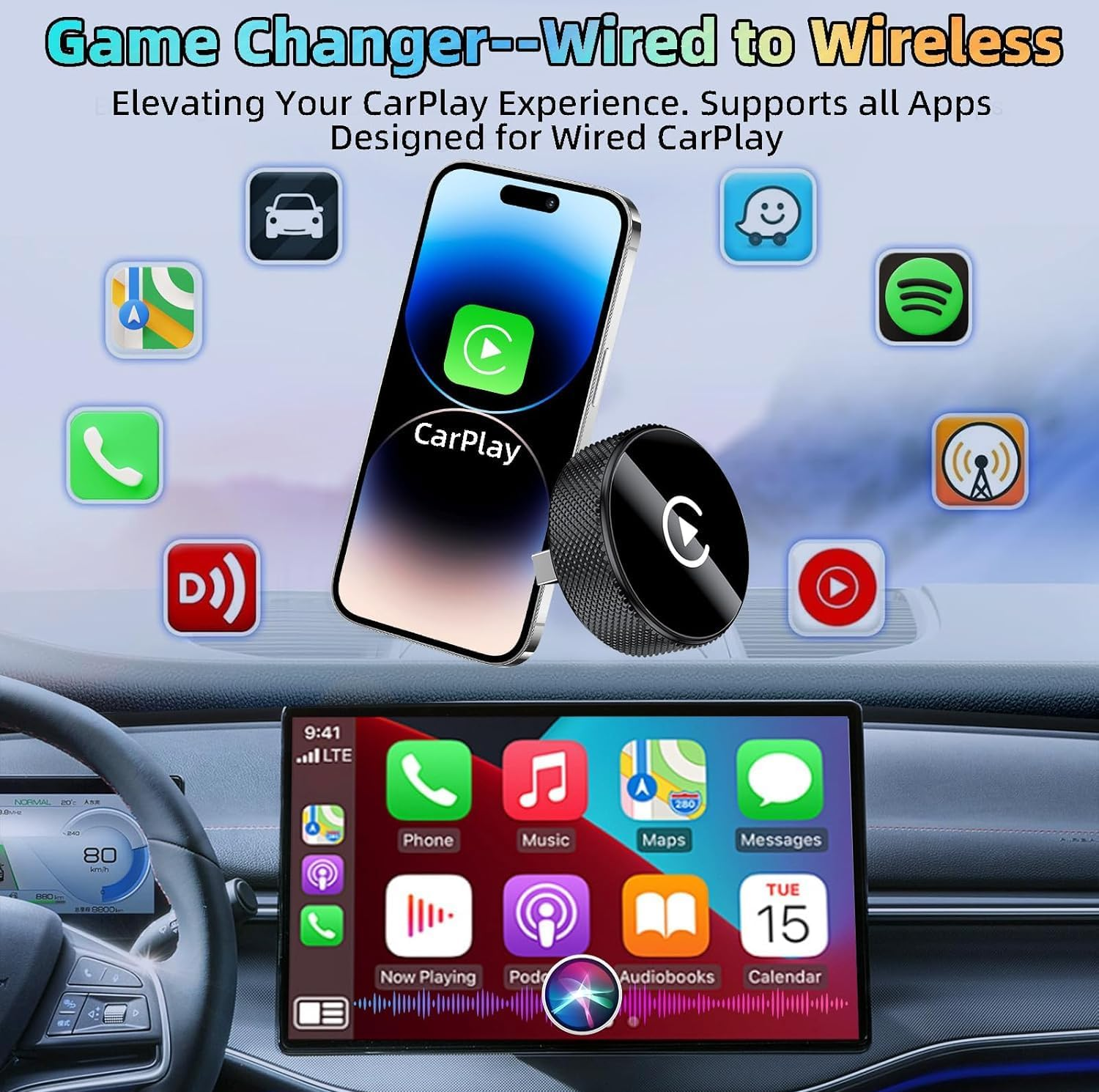 Wireless Adapter Converts Wired to Wireless for Carplay and Android - 2-In-1, Compact Size, Fast and Stable Connection, Plug & Play, USB to Usb-C/Type-C, Stable Control with No Latency image number 1