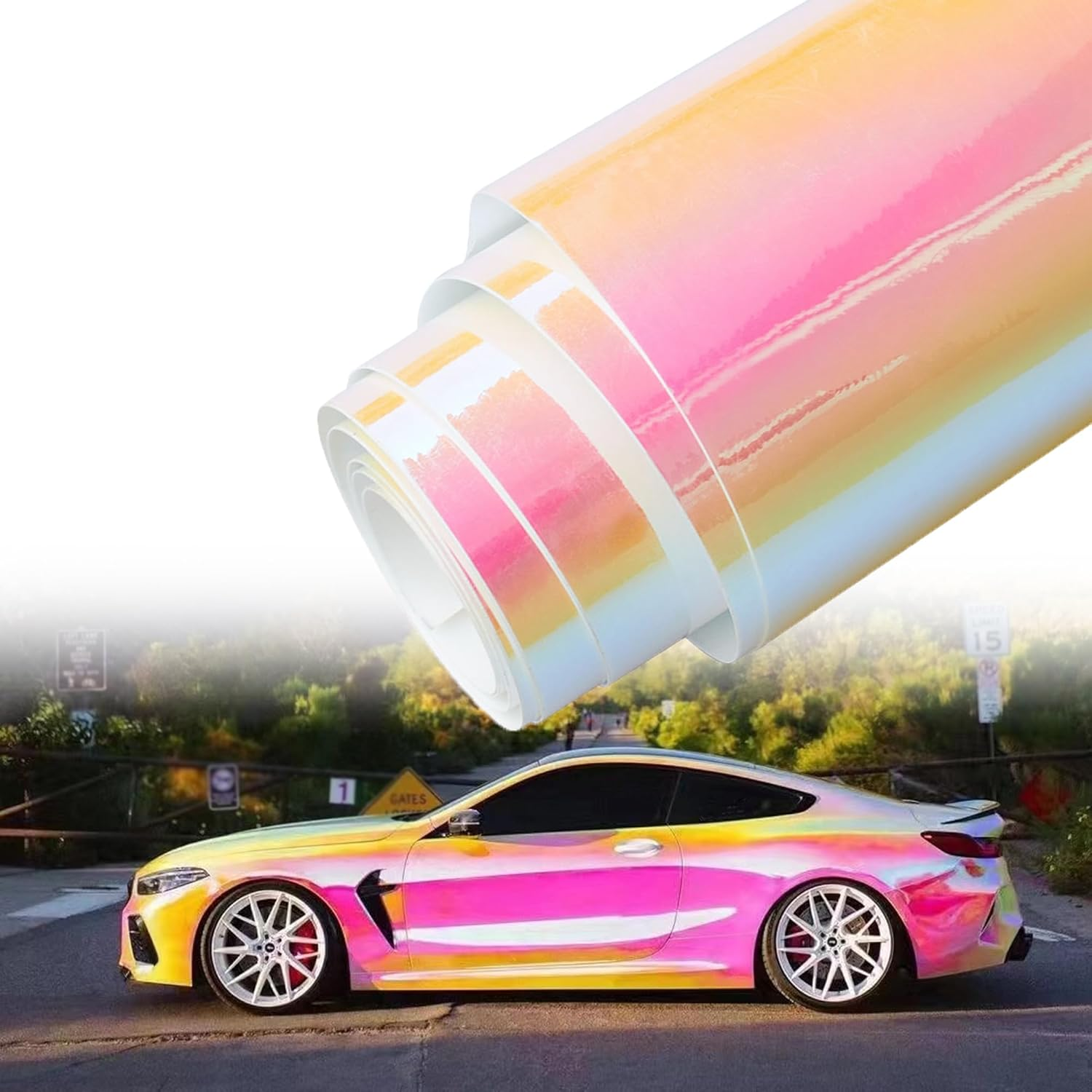 Aumohall Holographic Rainbow Pink Car Vinyl Wrap Chameleon Color Change High Gloss Self Adhesive Car Vinyl Film Roll, 53.14'' X 11.81'' image number 5