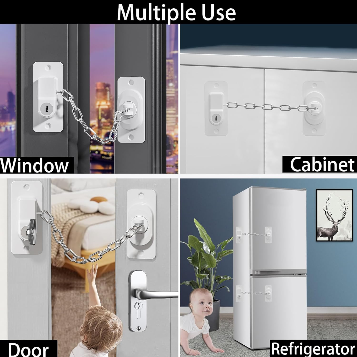 CMINGJ (6 Pack) Child Safety Locks, Adjustable Refrigerator Lock with Keys, for Fridge, Door, Drawers, Toilet and Child Safety Cabinet Lock, Door Lock, Window Lock for Kids and Toddlers (White) image number 1