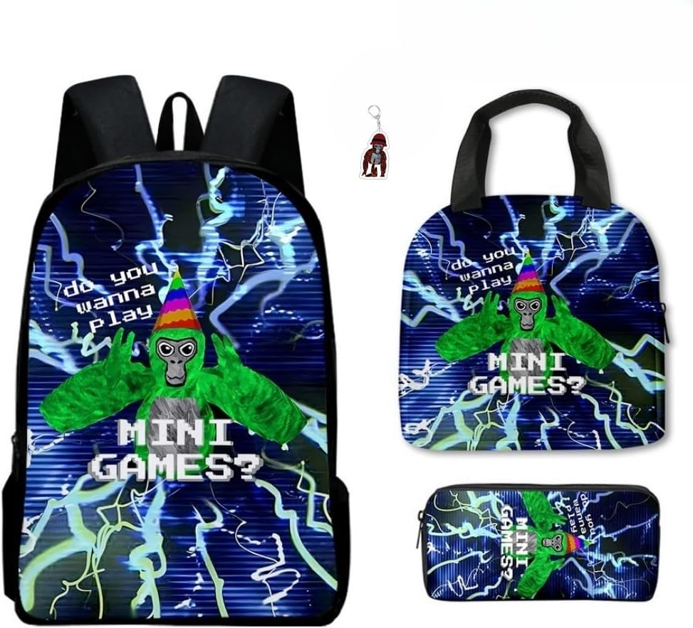 3Pcs Anime Gorilla Backpack Set,16In 3D Printed Cartoon School Bags for Elementary and Middle School Students and Game Fans Teens Birthday Gift.