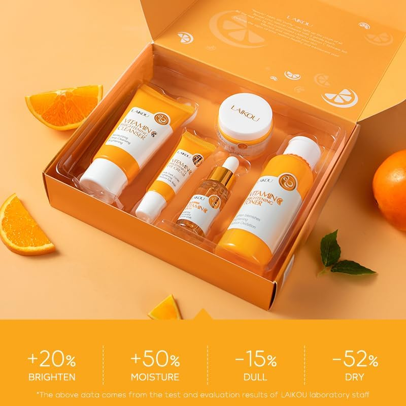 LAIKOU Skin Care Set Vitamin C Women Beauty Gift Sets Skin Care Kit with Cleanser, Toner, Serum, Eye Cream, Face Cream Travel Kit for Women Teen Girls Mom Daughter Birthday Tsa-Friendly Sizes 5Pcs