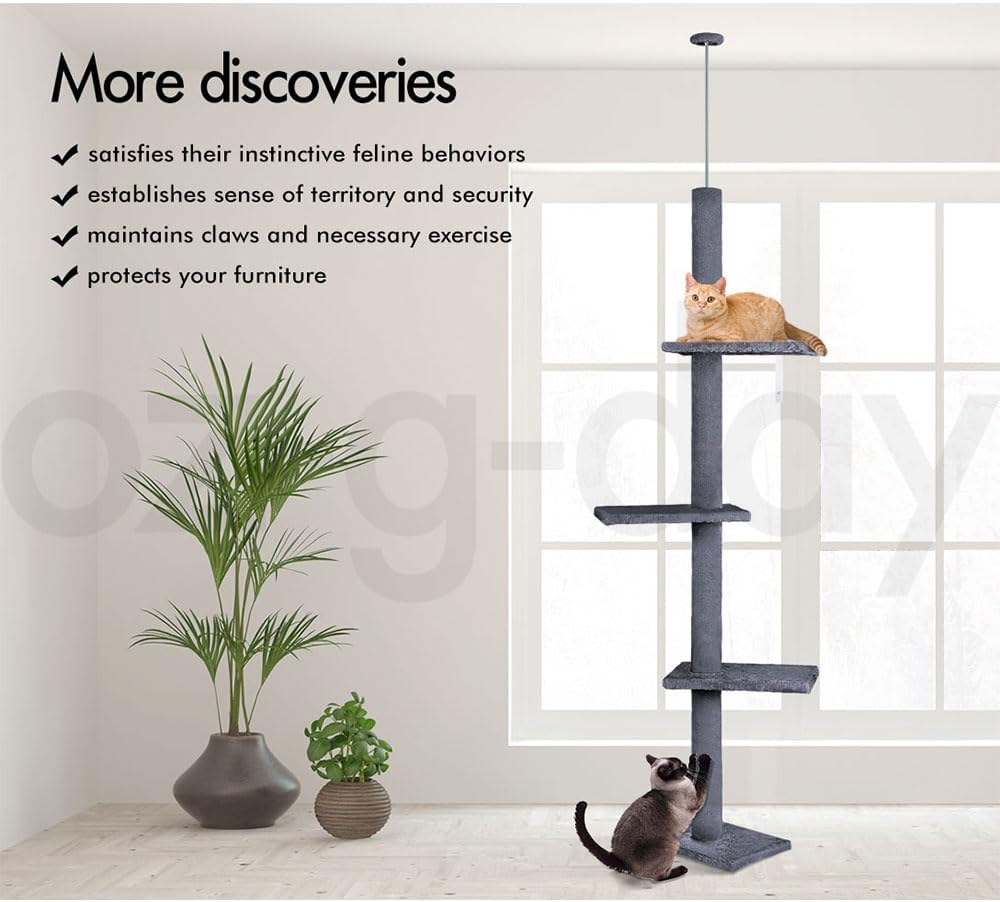 BEASTIE Cat Tree 230-286Cm Floor-To-Ceiling Cat Tower with Adjustable Height, Multi-Level Cat Scratcher Tower, Cat Condo Play House Wood Furniture for Kittens Climbing, Grey image number 4