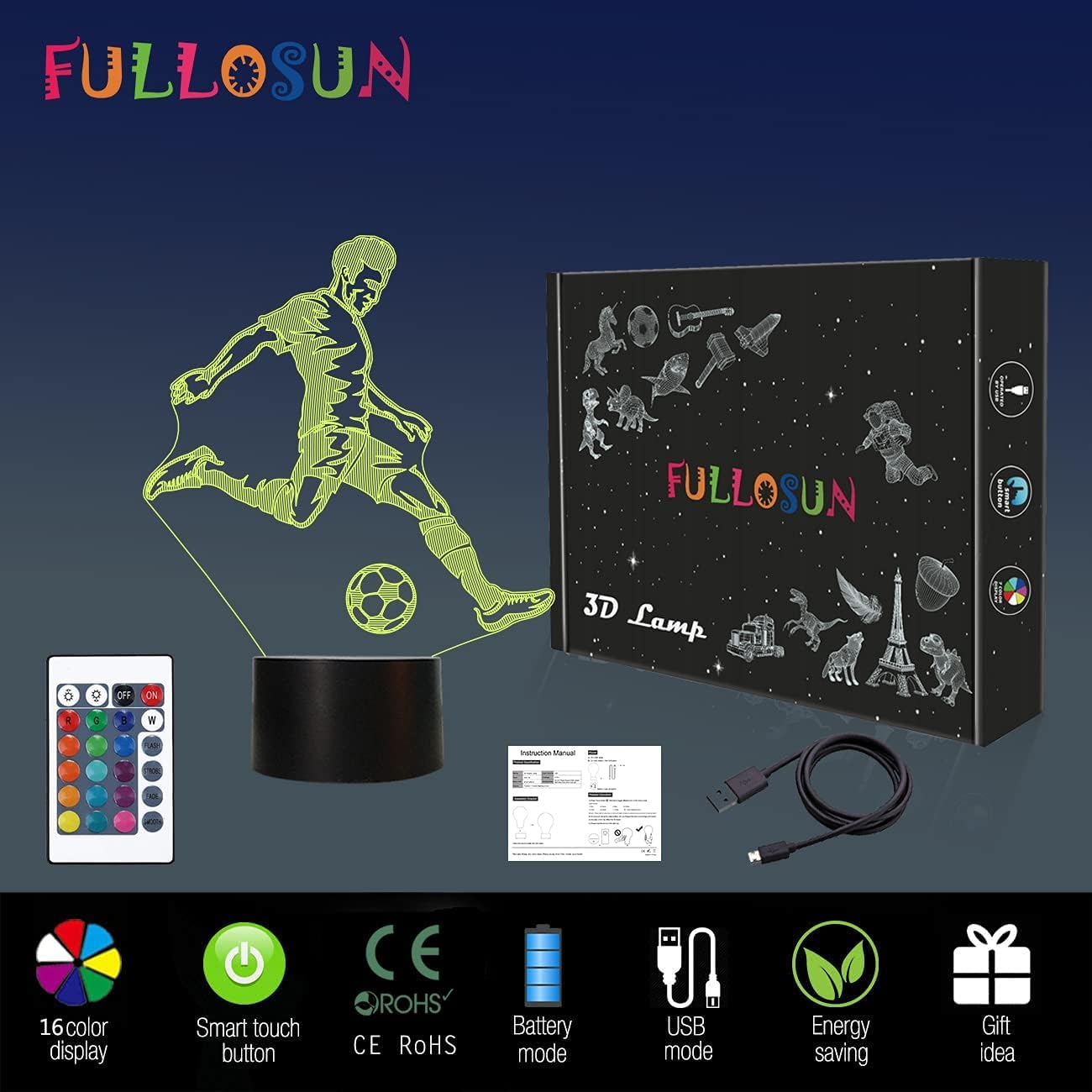 Soccer Night Light, 3D Optical Illusion Lamp for Soccer Fan, Idea Birthday Xmas Great Bedroom Decor Gifts for Sports Fan Boys Girls with Remote Control 16 Color Change + Dim Function + 4 Flash Mode image number 2