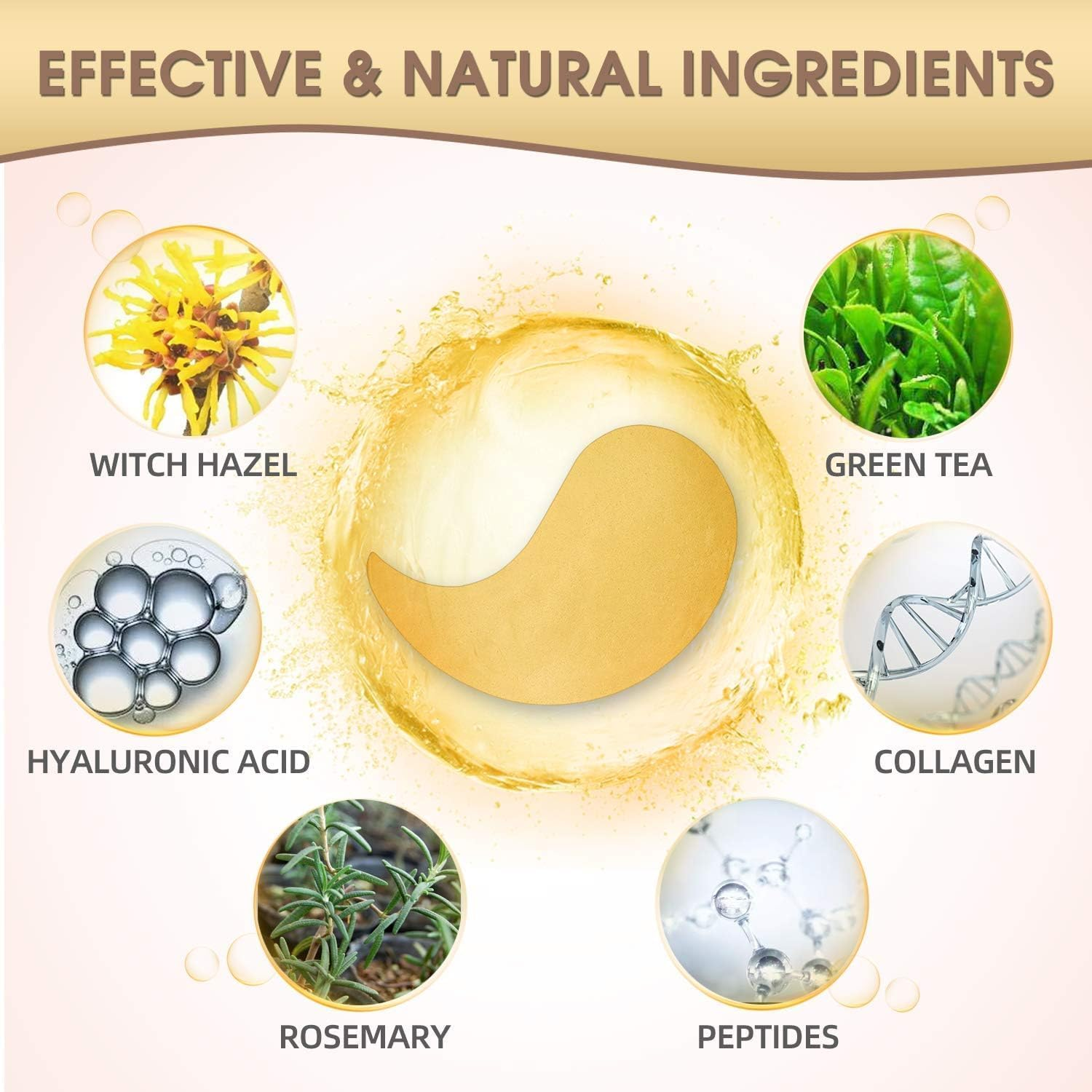 60Pieces Collagen Eye Masks, 24K GOLD under Eye Patches, Dark Circles and Wrinkles, Anti-Aging, Gel Pads for Puffiness and Bags, Immune System Support for Eyes, with Hyaluronic Acid, Deep Moisturizing - Gold image number 2