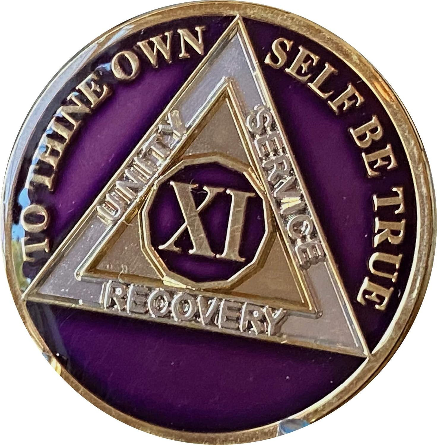 11 Year AA Medallion Metallic Purple Tri-Plate Sobriety Chip Serenity Prayer Back image number 2