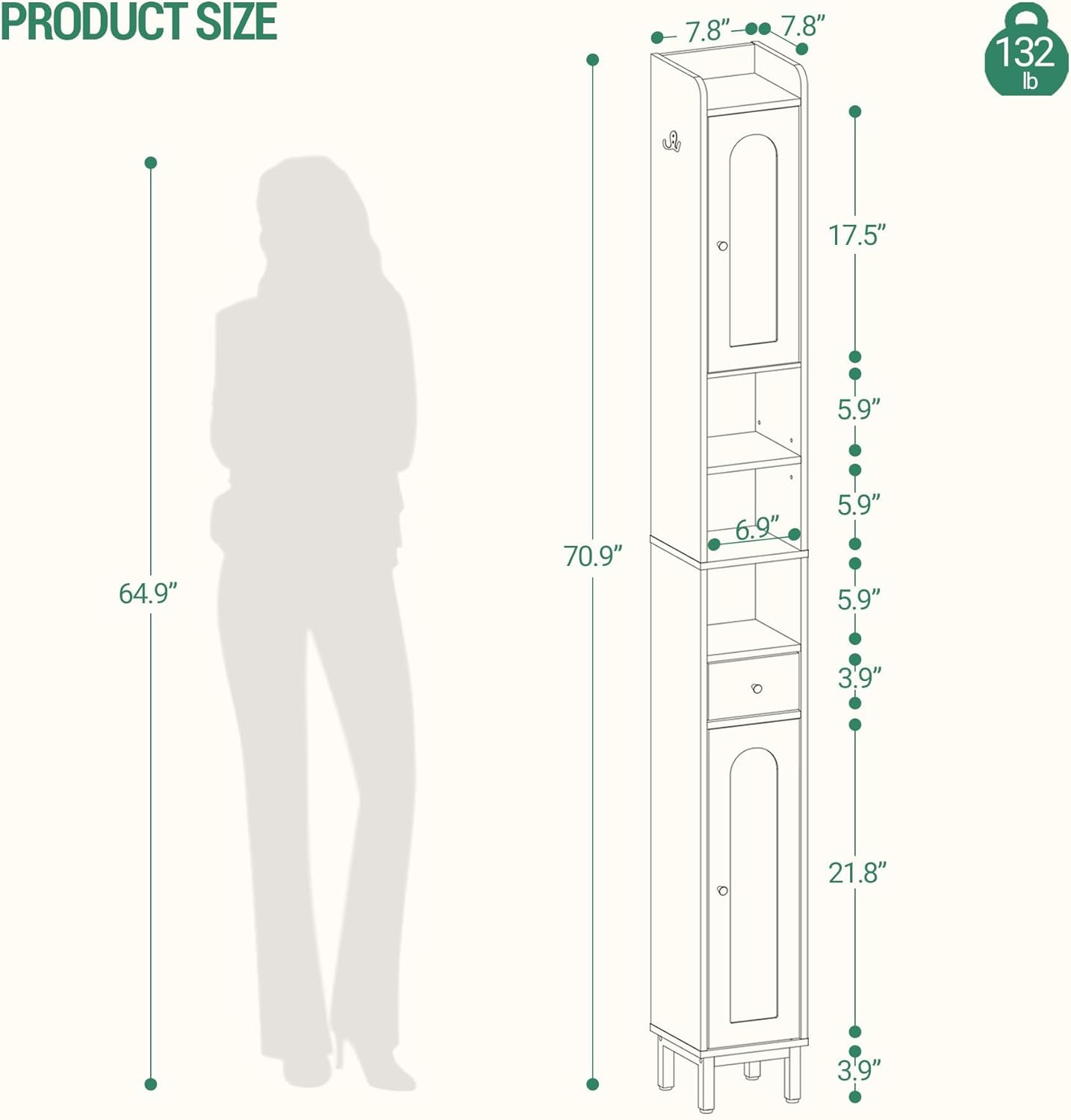 Hzuaneri Bathroom Cabinet with Adjustable Shelves, Freestanding Floor Cabinet, Tall Bathroom Storage Cabinet with Doors & Drawer, Narrow Toilet Paper Storage Cabinet, White BC28013X - White image number 5