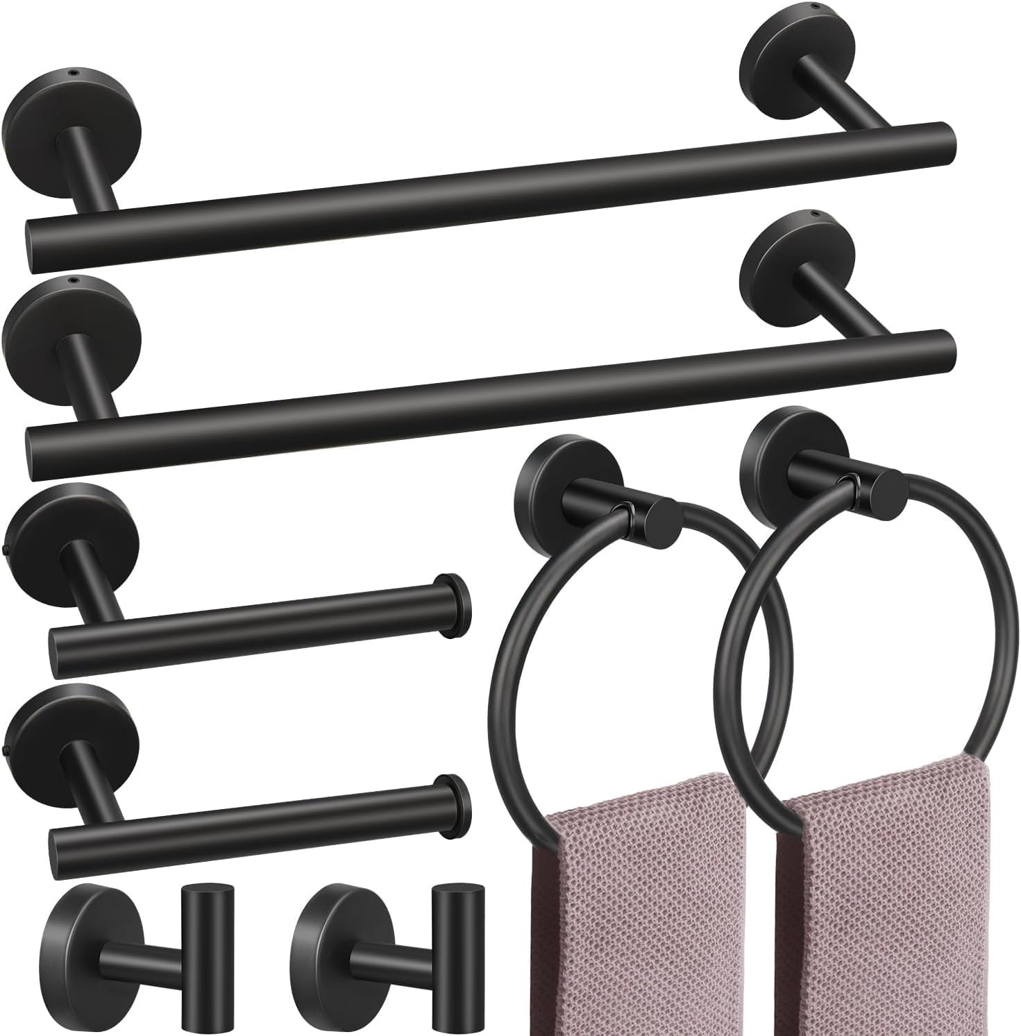 Toptowel 15Sets 23.6Inch Matte Black Bathroom Hardware Set, Include 3PCS 23.6Inch Towel Bar, 3PCS Towel Ring, 3PCS Toilet Paper Holder, 6PCS Robe Hook-Matte Black