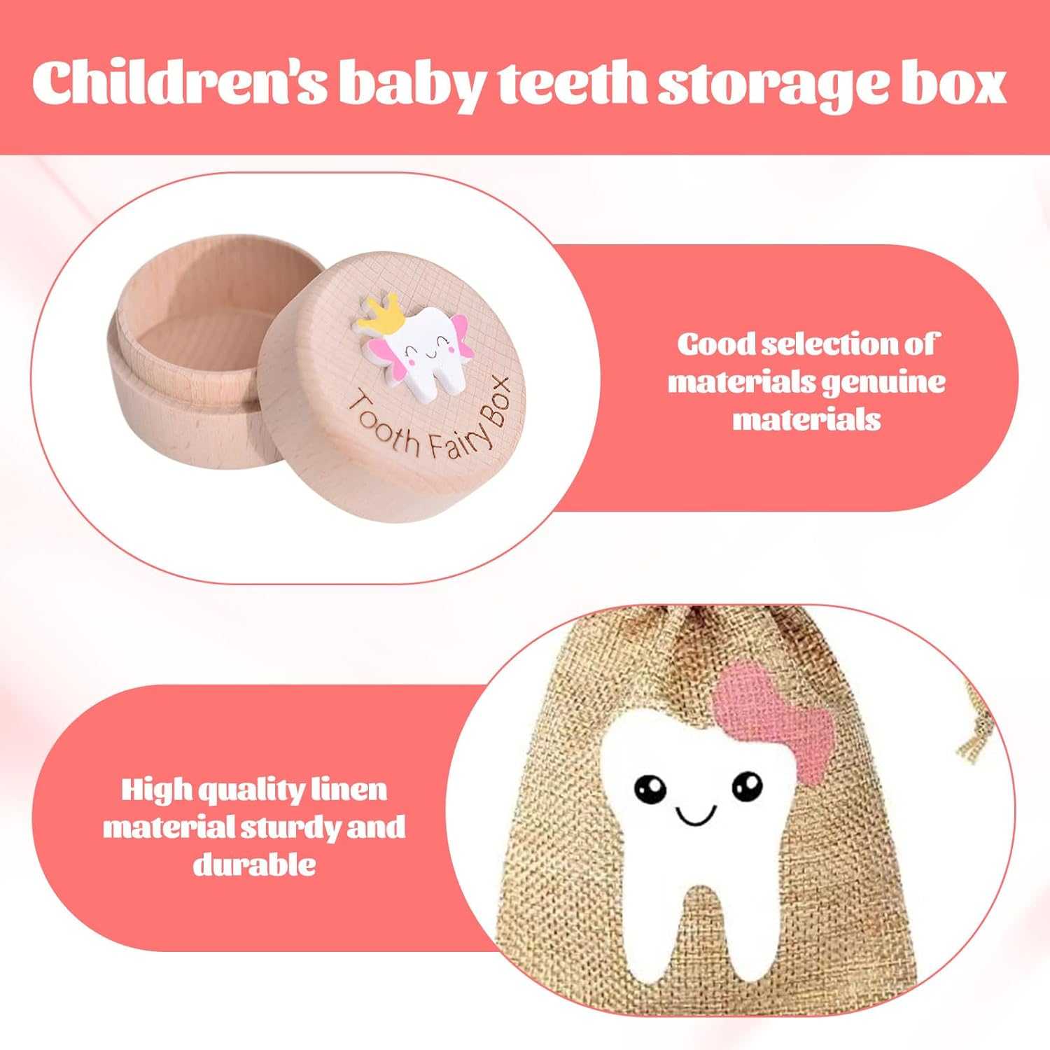 Halit Tooth Fairy Box,1 Pcs Tooth Box with 1Pcs Tooth Fairy Bag, 3D Carved Wooden Tooth Box Keepsake，Tooth Fairy Pouch for Girl,Tooth Holder for Kids Teeth with Tooth Fairy Bag Storage Gift image number 6