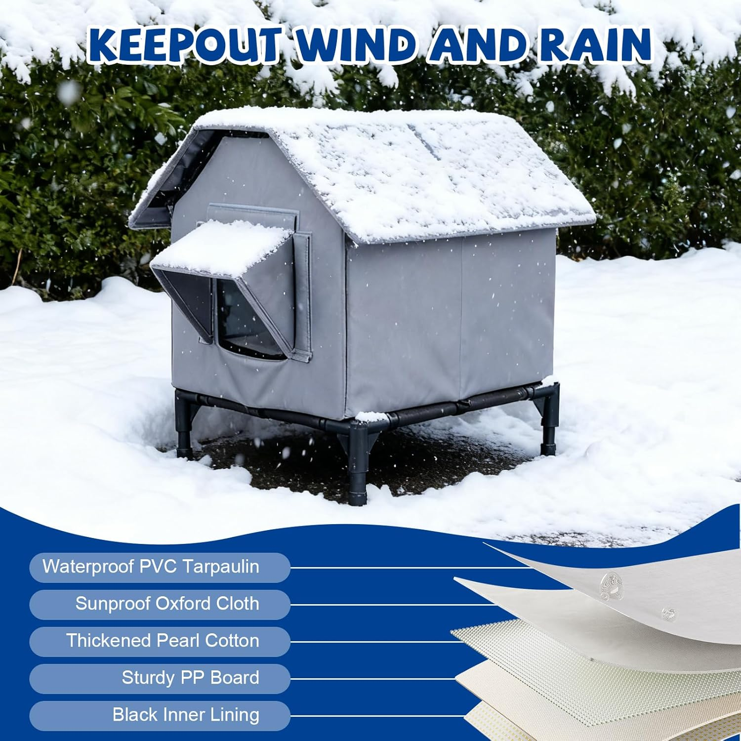 Outdoor Cat House, Outdoor Waterproof Cat House, Large Cat Shelter, Pet House with Elevated Base, Feral Cat Shelter, Insulated Pet Tent Feral Cat Kennel for Multiple Cats and Small Dogs image number 3