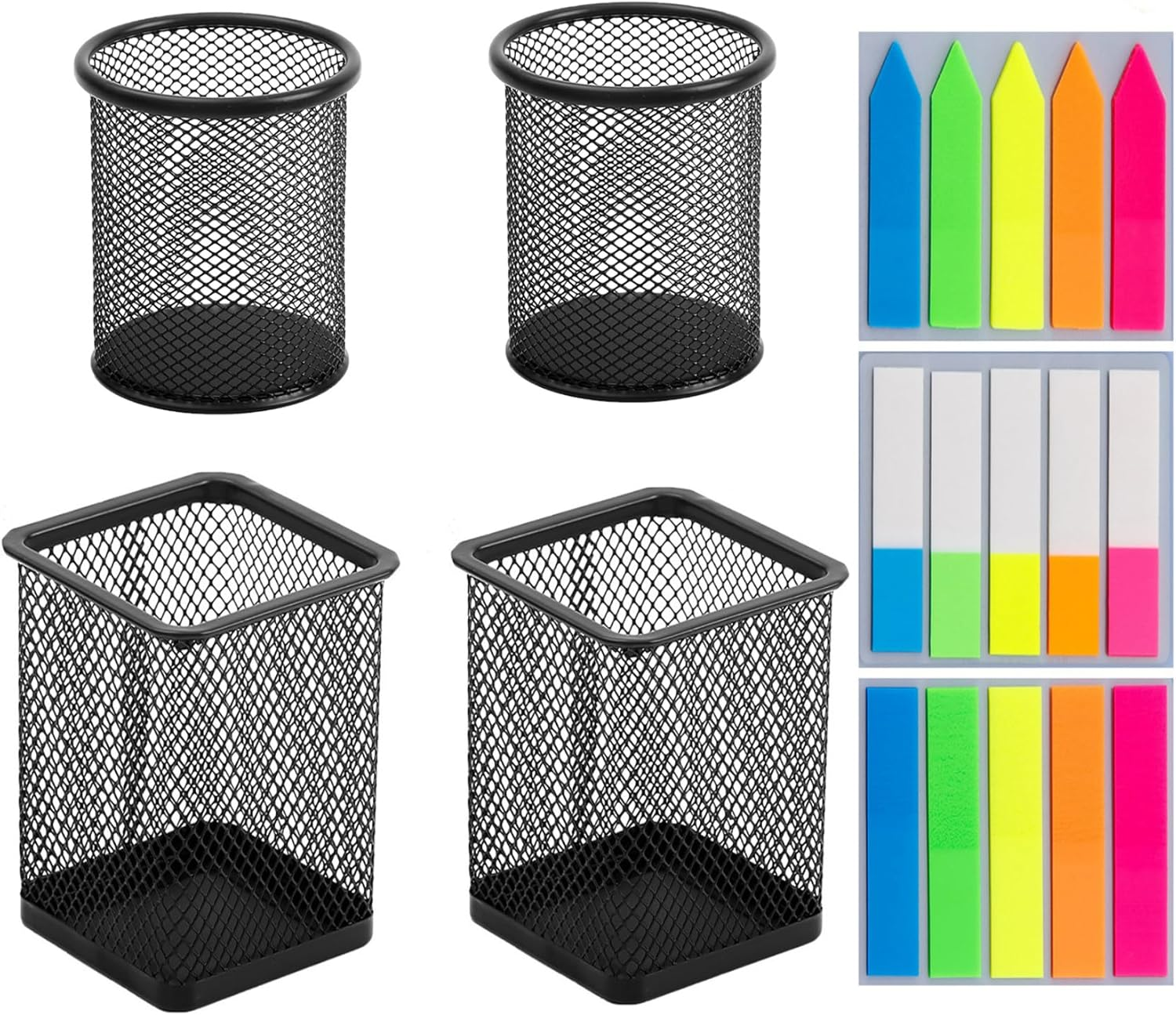 Loopunk 4 Pack Metal Mesh Pen Holder, Pen Holder, 3 Pcs Sticky Notes, Durable Pen Organizer Desk Organisers Set for Office Desk Storage