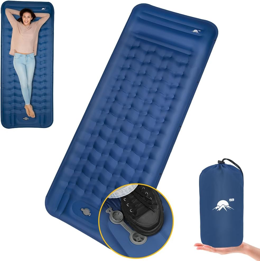 AUTOWT Self-Inflating Camping Mat - 12 CM Thickness Inflatable Sleeping Pad with Built-In Pump Pillow, Portable Lightweight Single Camp Air Mattress, Double Joinable Outdoor Hiking Backpacking (Blue)