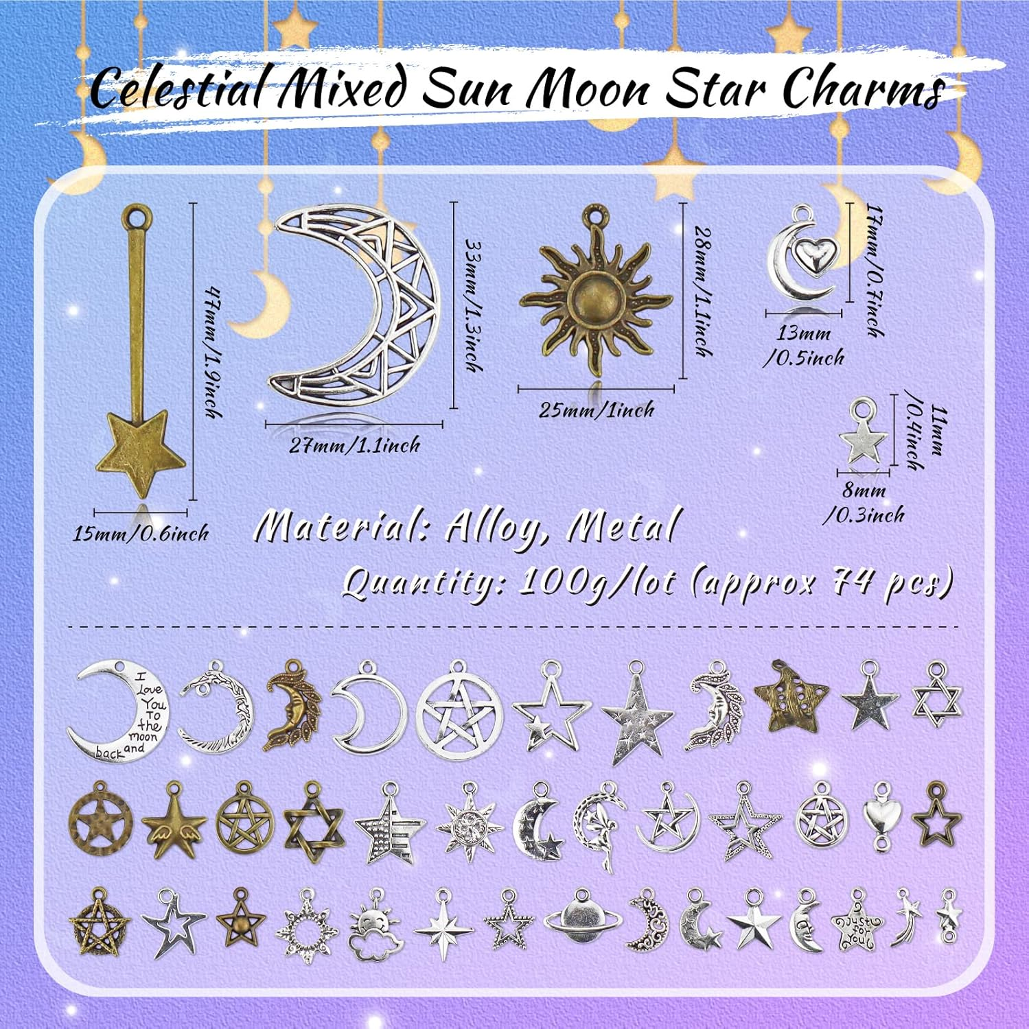 JIALEEY Celestial Mixed Sun Moon Star Charms, Wholesale Bulk Lots Antique Alloy Charms Pendants DIY for Necklace Bracelet Jewelry Making and Crafting, 100G(74Pcs), Alloy Steel, Alloy Steel