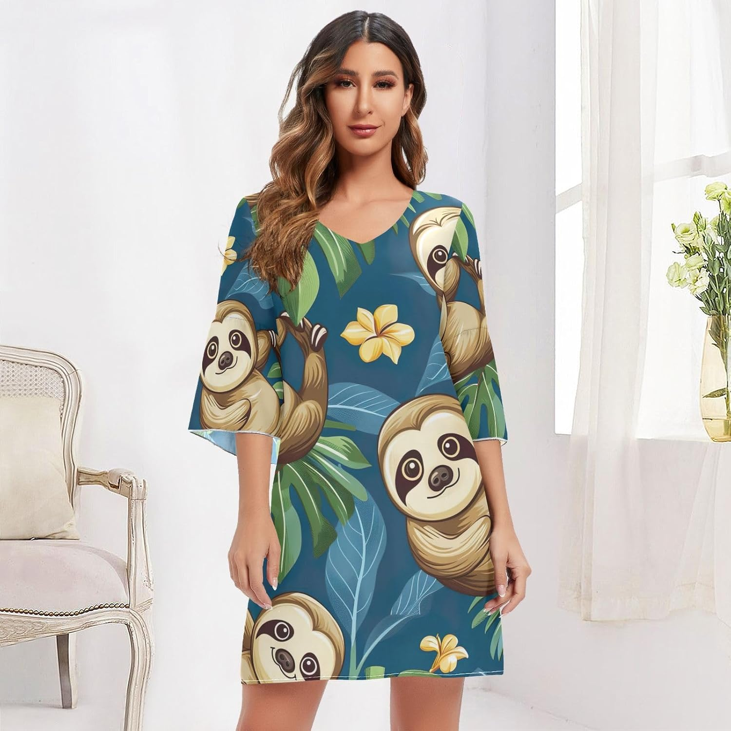 Cute Cartoon Sloth Blue Ladies Chiffon Dress Printed Line Maternity Dress S-XXL