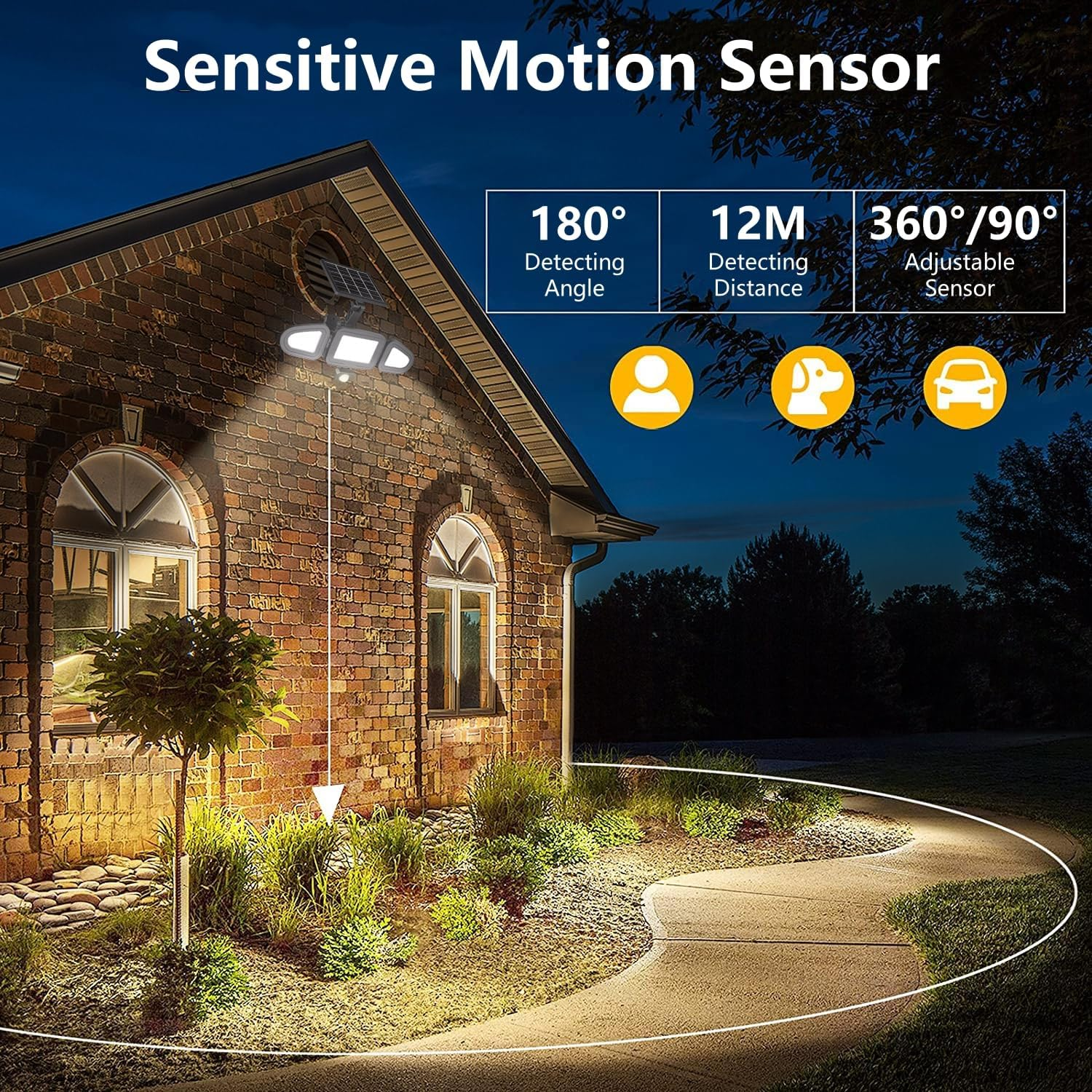 MEIKEE Outdoor Solar Lights, 3 Head Solar Motion Sensor Lights with Remote Control, IP66 Waterproof, 2000LM, Tunable 2700K-6500K, Separate Solar Panel with 5M Cable for outside Security Lighting image number 2