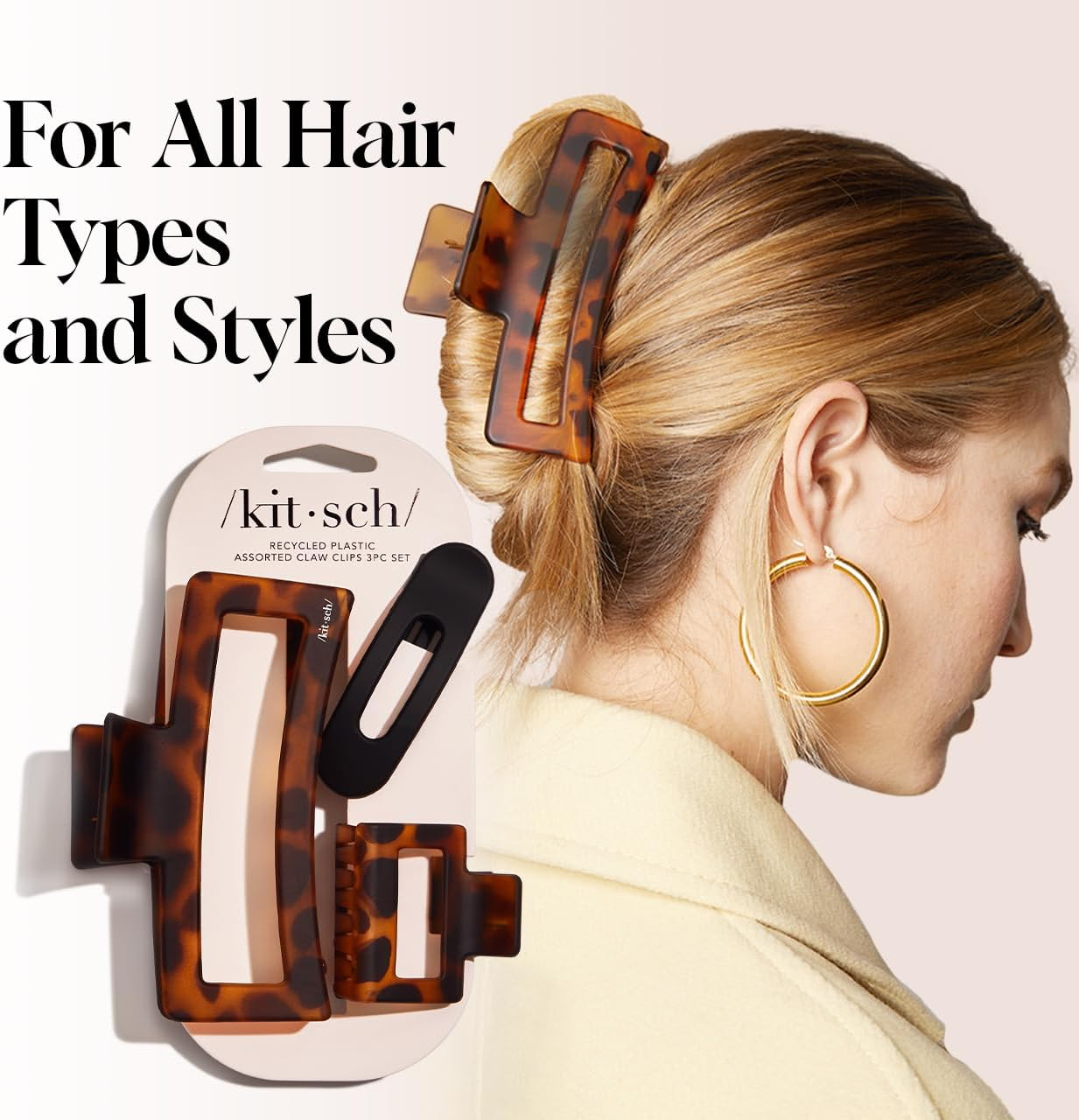 Kitsch Assorted Hair Claw Clips for Women, Recycled Plastic Large Claw Clips & Medium Rectangle Claw Clips & Small Open, Shaped Flat Lay Hair Clip, Matte Claw Clip - 3 Pcs Black & Tortoise