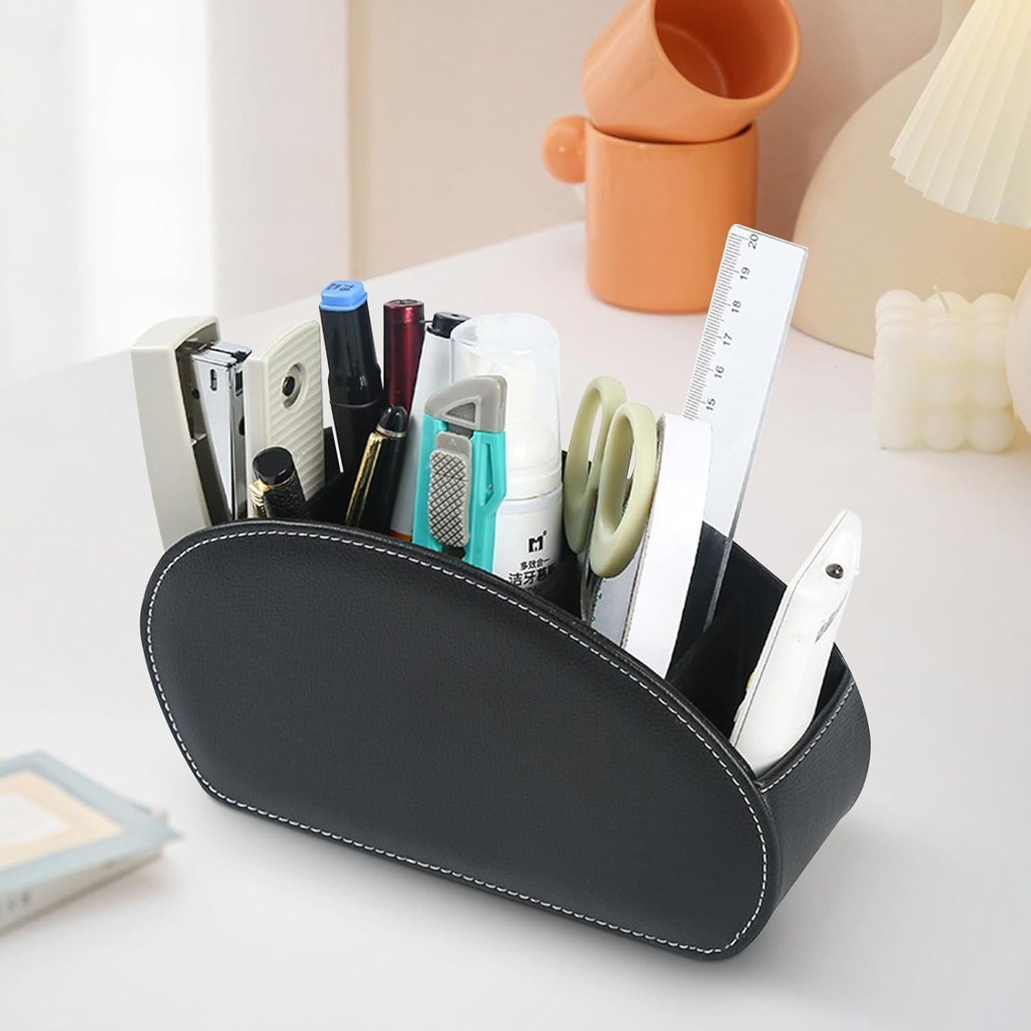 WIYETY Remote Control Holder with 5 Pockets: Remote Control Storage, Desk Organiser, for Remote Controls, Notebooks, Stationery, Pens, Mobile Phone - Black image number 3