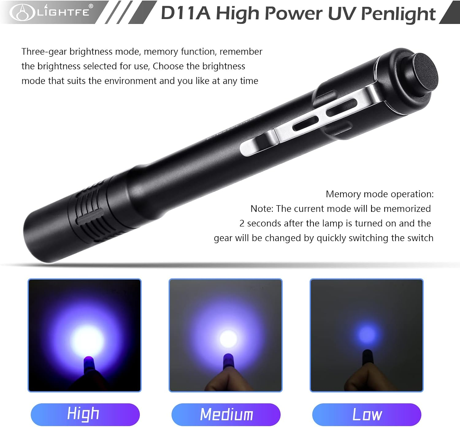 LIGHTFE D11A UV Flashlight 395Nm High Power Black Light - Ideal for UV Glue Curing, Rock and Mineral Identification, Fluorescent Agents, Pet Urine, Stain Detection, AC Leakage Detection image number 5