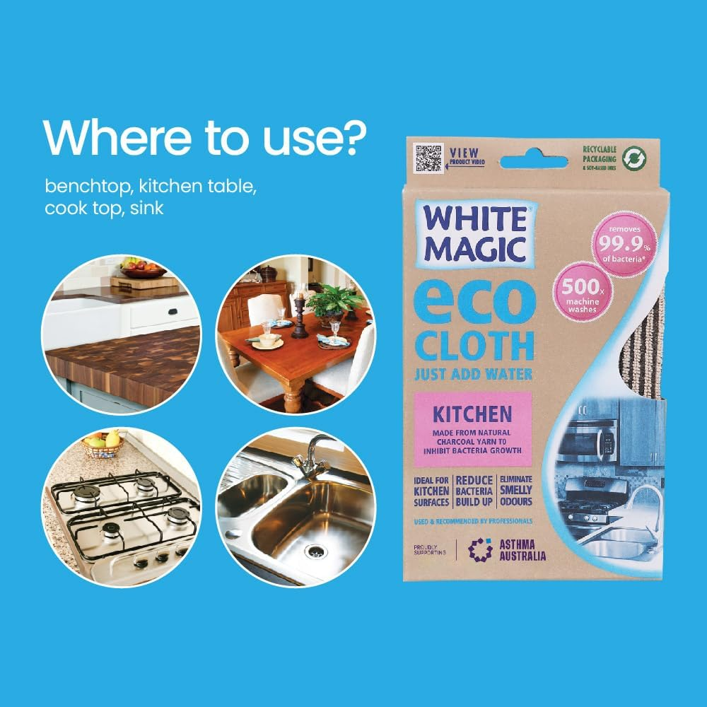 White Magic Eco Cloth Kitchen &ndash; 32 X 32 Cm, Charcoal Yarn Inhibits Bacteria, Chemical-Free Cleaning with Just Water, Picks up 99.9% of Bacteria, Machine Washable up to 500 Times image number 1