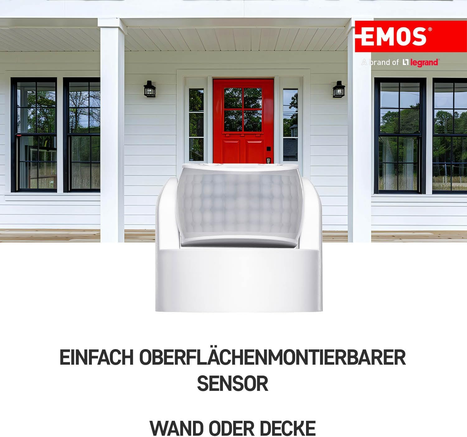 EMOS G1240 Infrared Motion Detector Waterproof-Range 12 M-Sensitivity 3-2000 Lux-Detection Angle 180&deg; -Switching Time 10 Sec to 15 Min-230 V for Surface Mounting-For Indoor and Outdoor Use-White