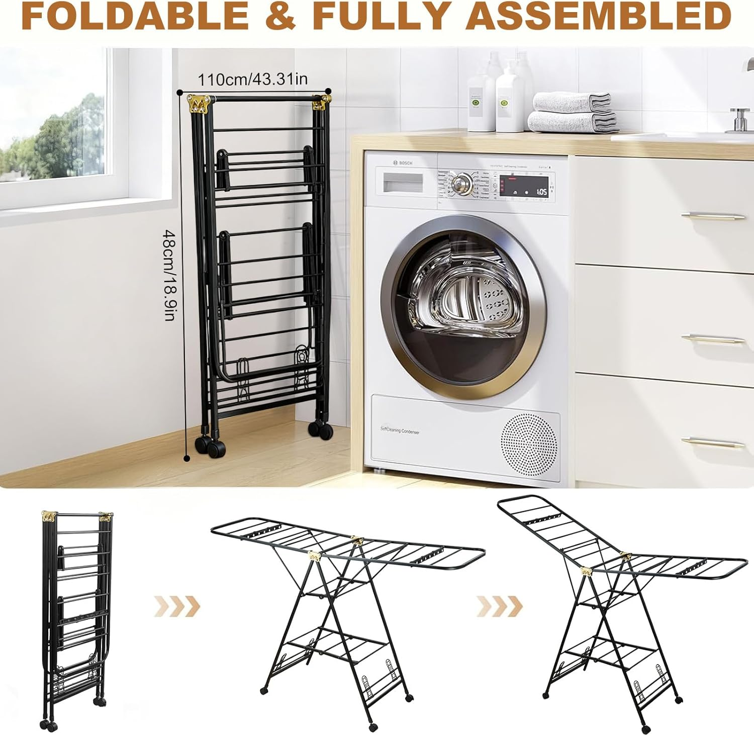 Clothes Drying Rack Foldable, 160Cm Clothes Airer Drying Rack with Wheels, Heavy Duty Metal Laundry Dryer, 3-Tier Clothes Rack Free-Stand,Indoor Outdoor Clothes Rack with Shoe Slots image number 5