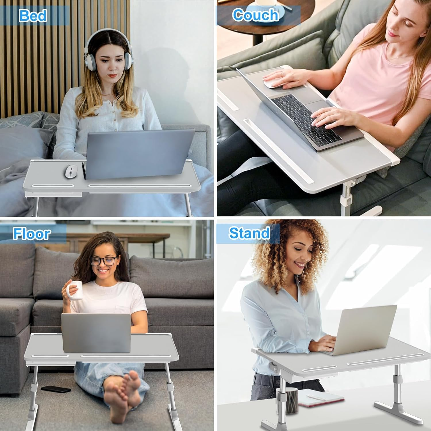 Laptop Desk for Bed, Leather X-Large Adjustable Laptop Stand for Bed, Foldable Laptop Lap Desk for Bed Couch Floor Writing Eating Working with Drawer 2 Movable Stoppers (23.6 Inch, Grey) image number 4