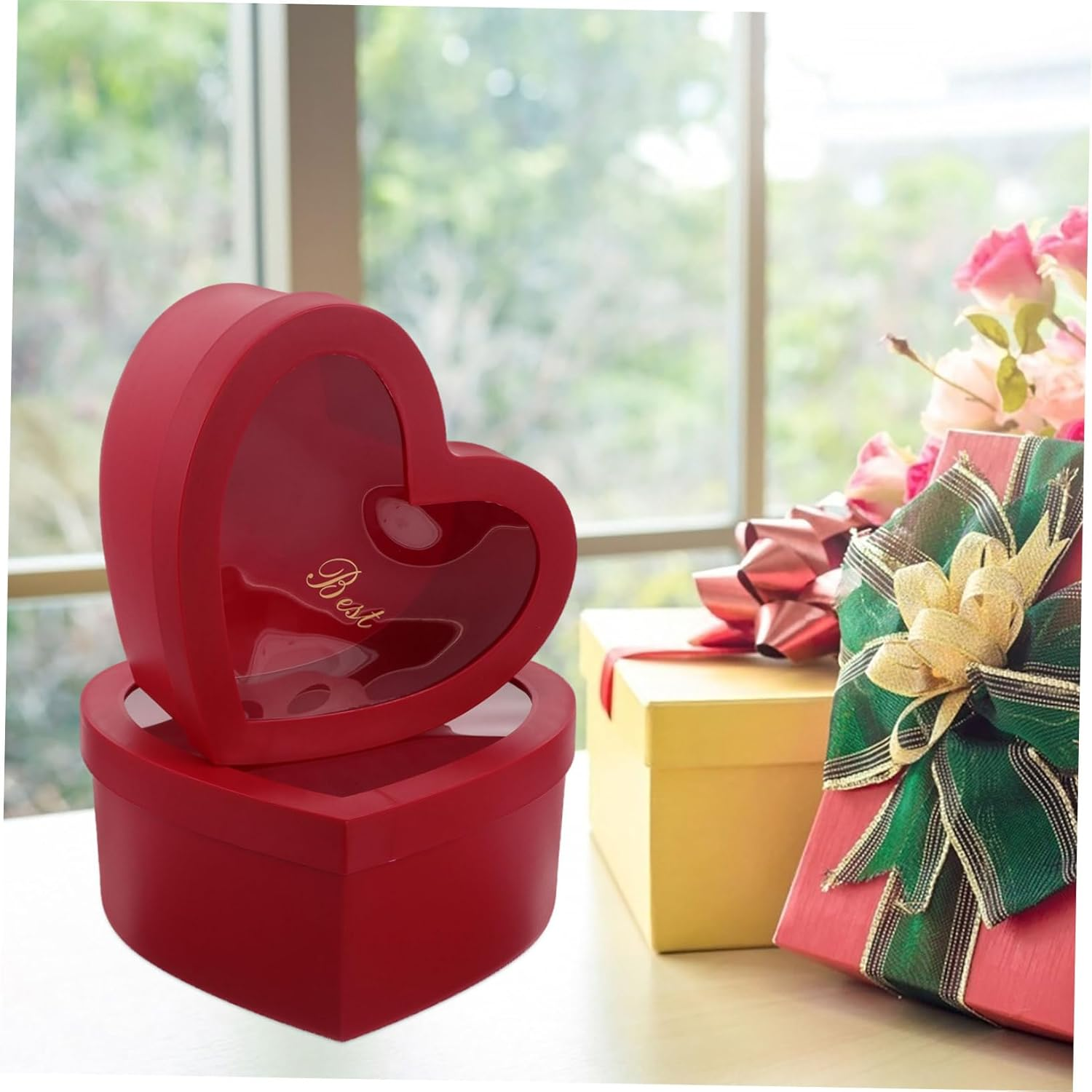 Outanaya 2Pcs Heart Shaped DIY Present Box with Lid Red Floral Arrangements Box with Transparent Window for Valentine Day Jewelry Storage and Creative Decor