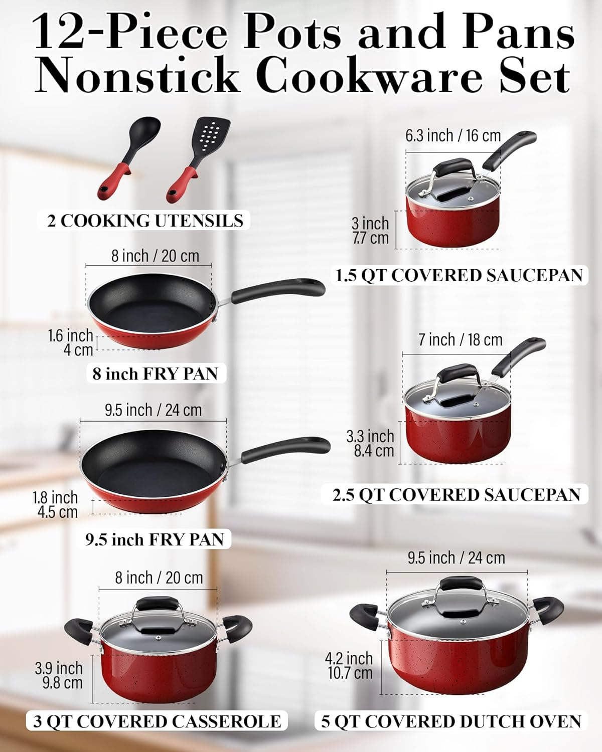 Cook N Home Pots and Pans Nonstick Cookware Set 12-Piece, Kitchen Cooking Set with Frying Pans and Saucepans, Induction Compatible, Marble Red - Turquoise image number 3