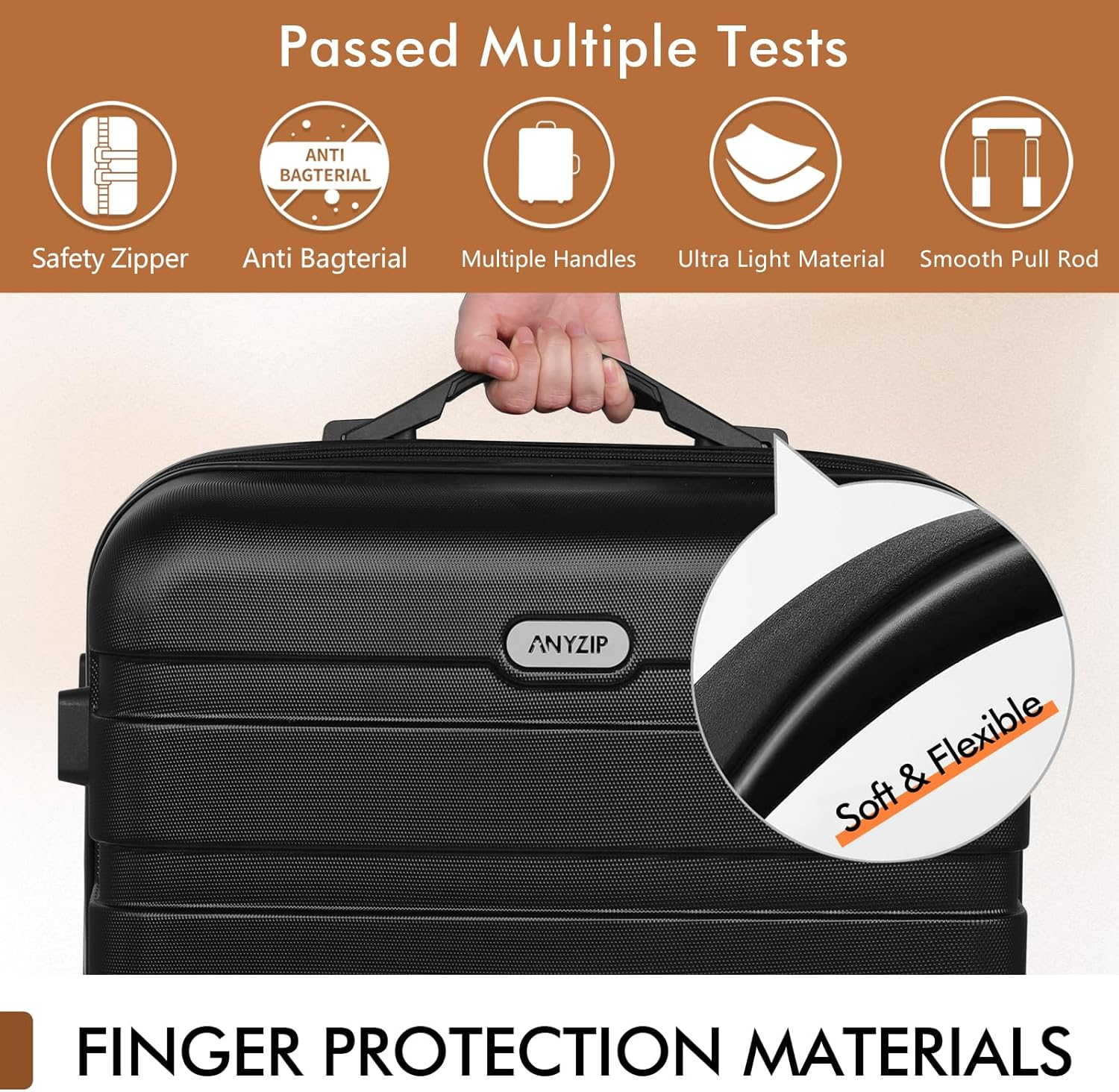 Anyzip Luggage Carry-On Lightweight Suitcase PC ABS Hardside Luggage with Spinner Wheels 20 Inch Black - Black image number 7