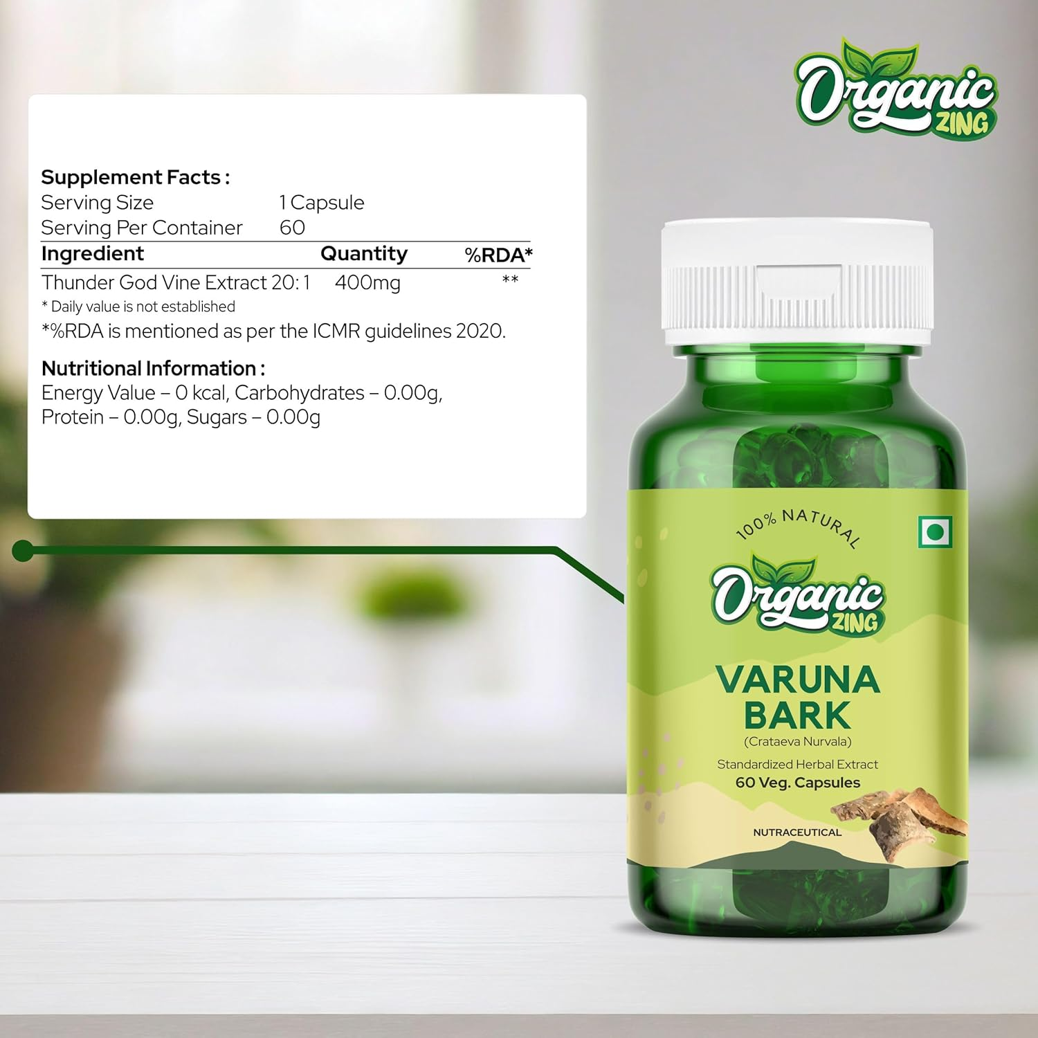 Organic Zing Varuna Bark Extracted from Crataeva Nurvala - Vegan & Gluten Free - 60 Capsules 500Mg. image number 2