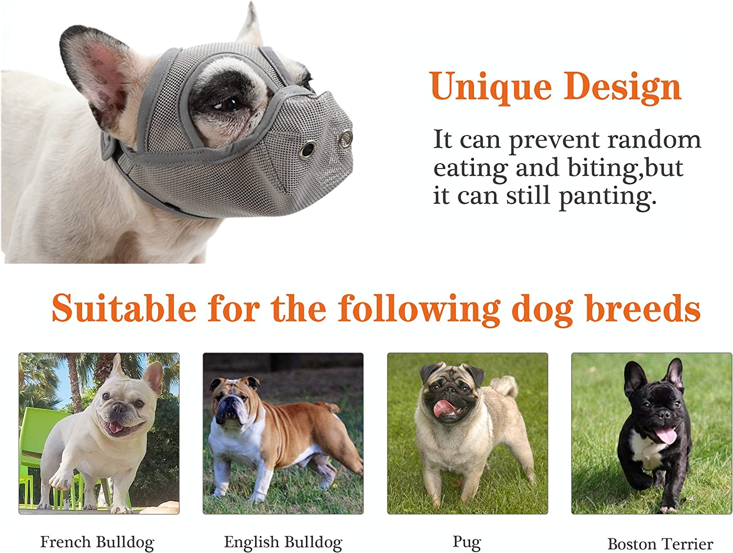 Short Snout Dog Muzzle - Adjustable Breathable Mesh for Bulldogs, Anti-Biting and Training, Can Stick Out Tongue and Drink Water (S 15.3"-16.1", Grey) image number 5