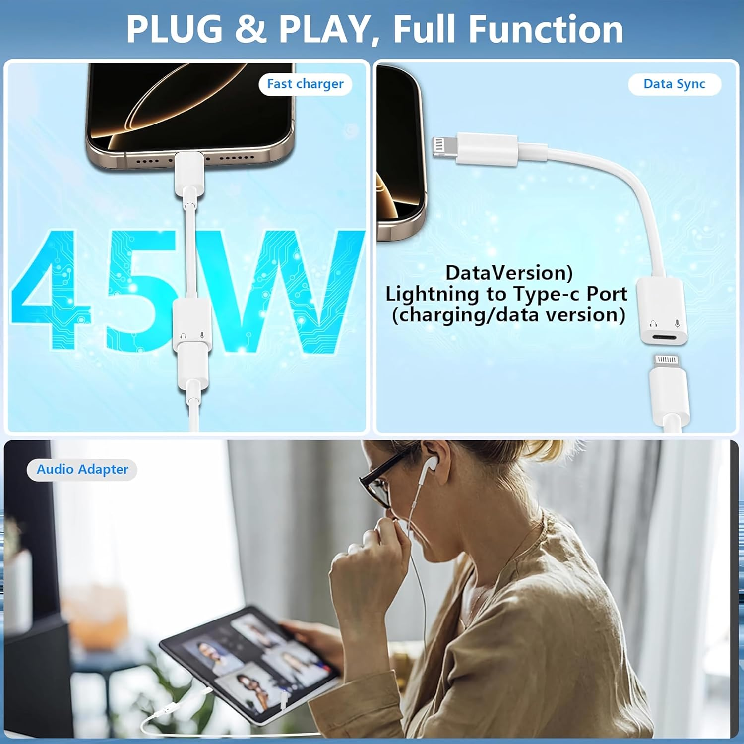 USB C to Lightning Audio Adapter, Super Durable Multi-Functional Plug-And-Play Converter Accessory, Suitable for Mobile Phones, Tablets, Laptops (White) image number 4