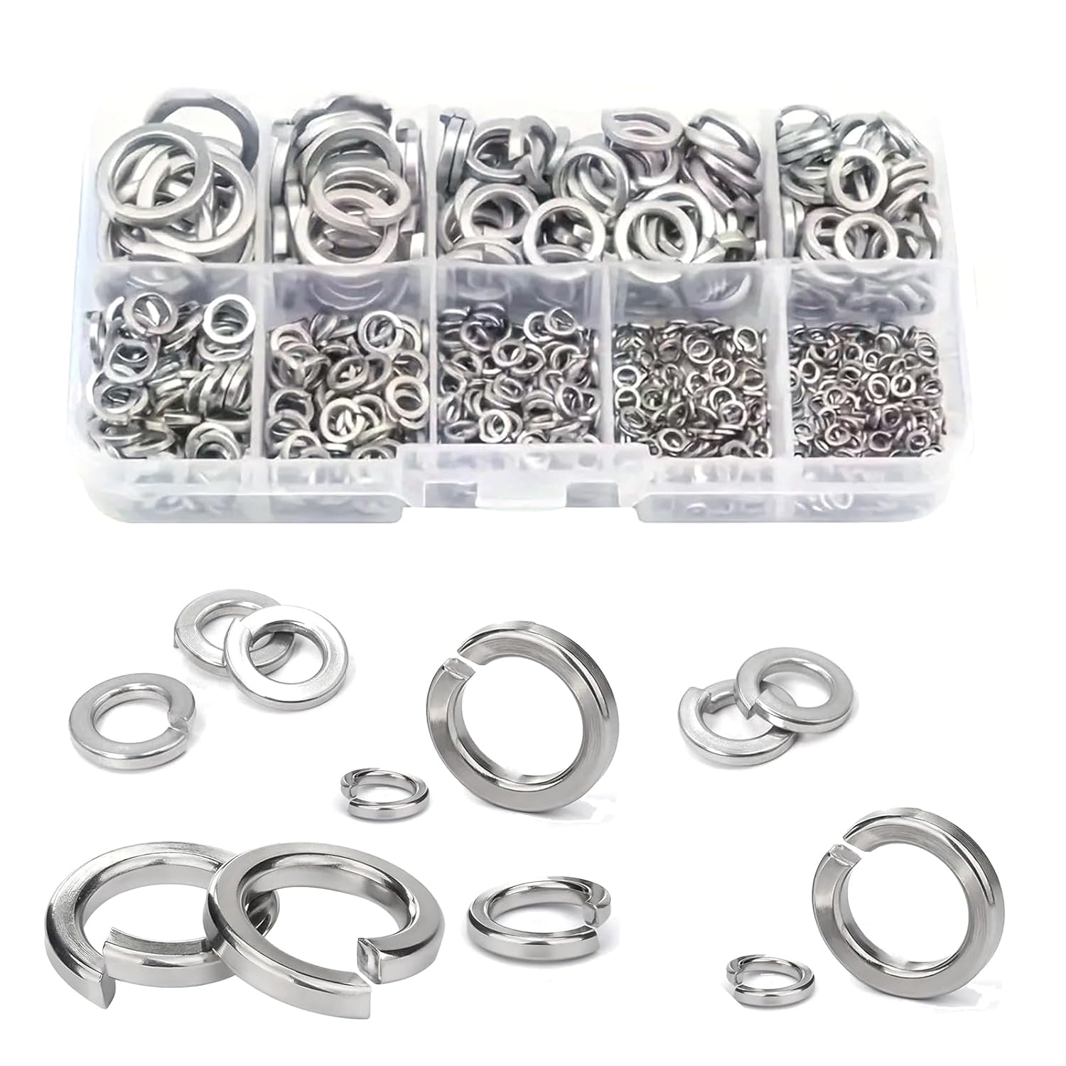 Ymaiss 480Pcs 304 Stainless Steel Spring Lock Washers Assortment Kit, 9 Sae&Metric Sizes Split Lock Washers Sets for Screws and Bolts M2 M2.5 M3 M4 M5 M6 M8 M10 M12 image number 2