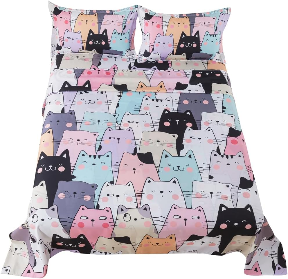 ADASMILE a & S Kids Bedding Cartoon Cat Sheet Set Queen Size for Girls Teens 4 Pieces Kawaii Cat Animal Bed Sets with Kitten Fitted Sheet 1 Flat Sheet 2 Pillowcases All Season Bedroom Decor