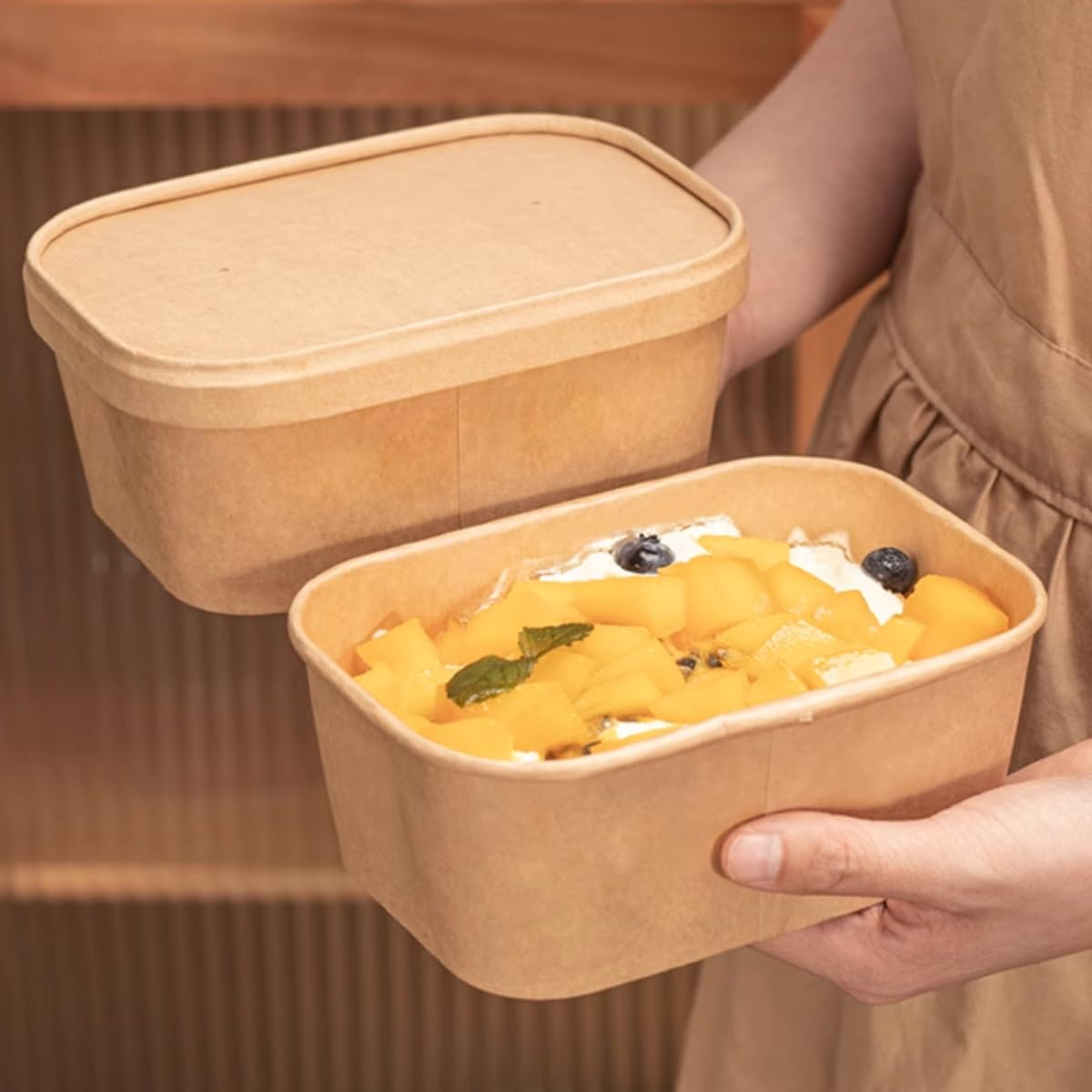AIMALL 50Pcs Kraft Paper Lunch Boxes - Disposable Picnic & Camping Food Containers - Microwave Safe, Leakproof & Thickened for Fast Food, Fruit Bowls, Takeout & Tableware - 580Ml, 650Ml, 750Ml, 1000Ml image number 2