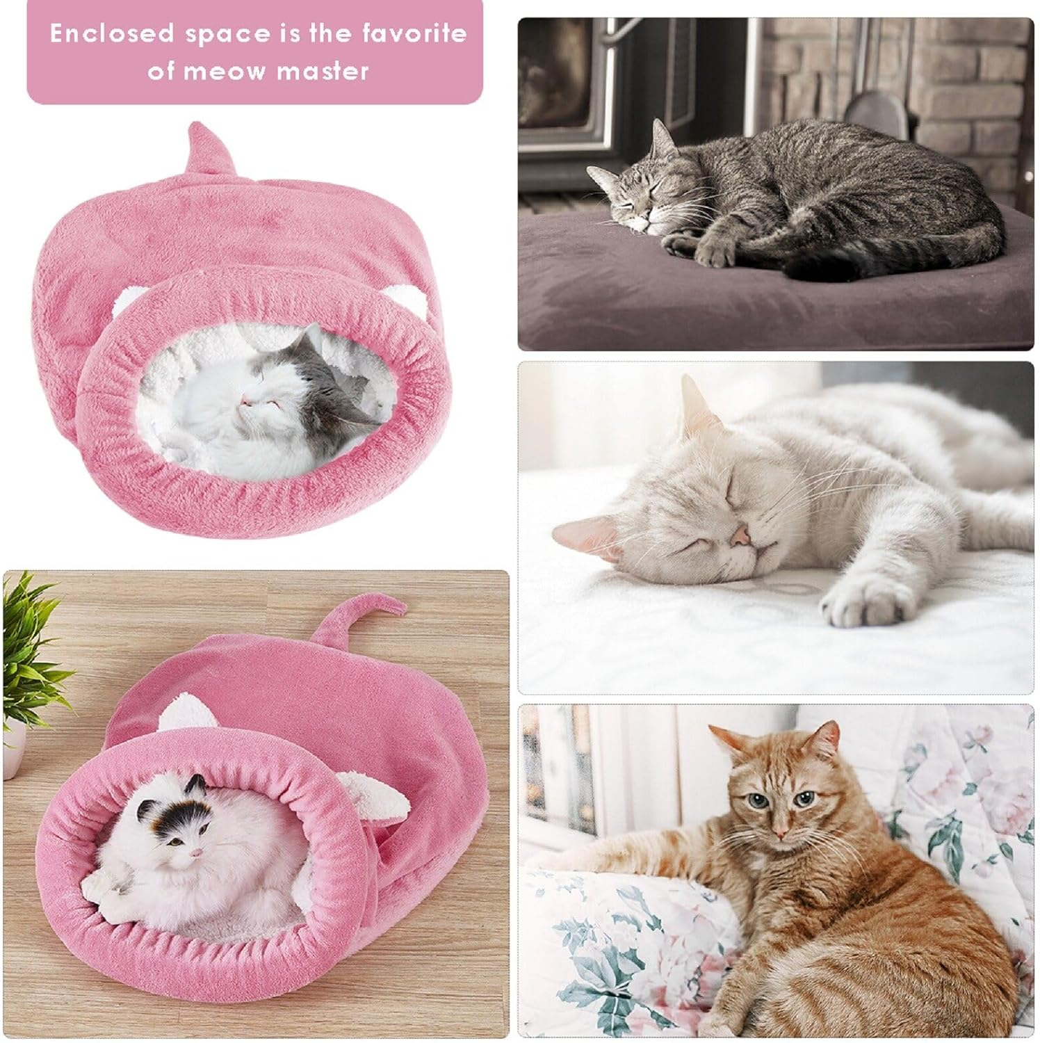 NCONCO Cat Sleeping Bag, Pet Bed, Cat Sleeping Bag, Warm Cosy, Covered, Self-Heating, Cuddle Bag, Half Covered Cave for Cats, Puppies (Pink, M)